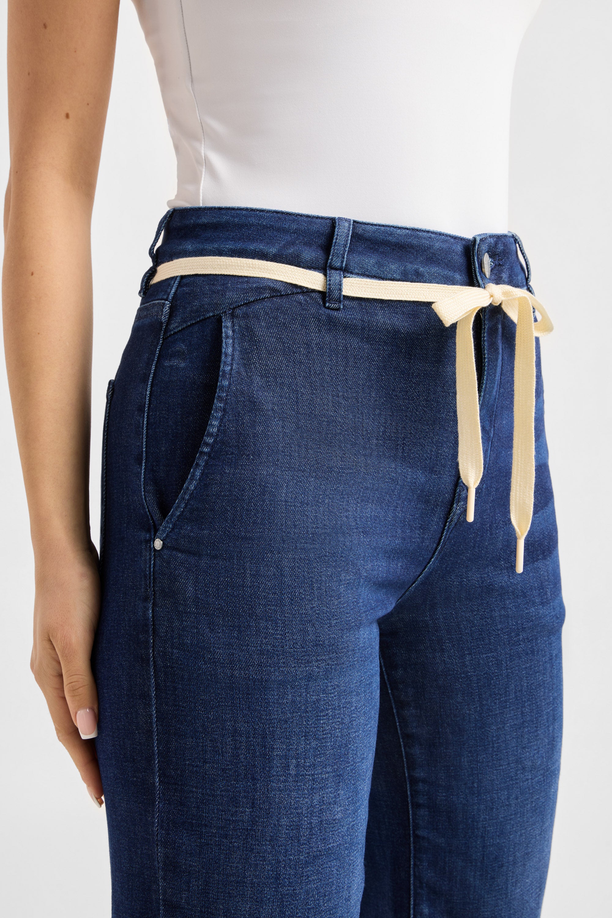 DEW Flared Cropped Soft Denim - French Pocket - Dark Blue