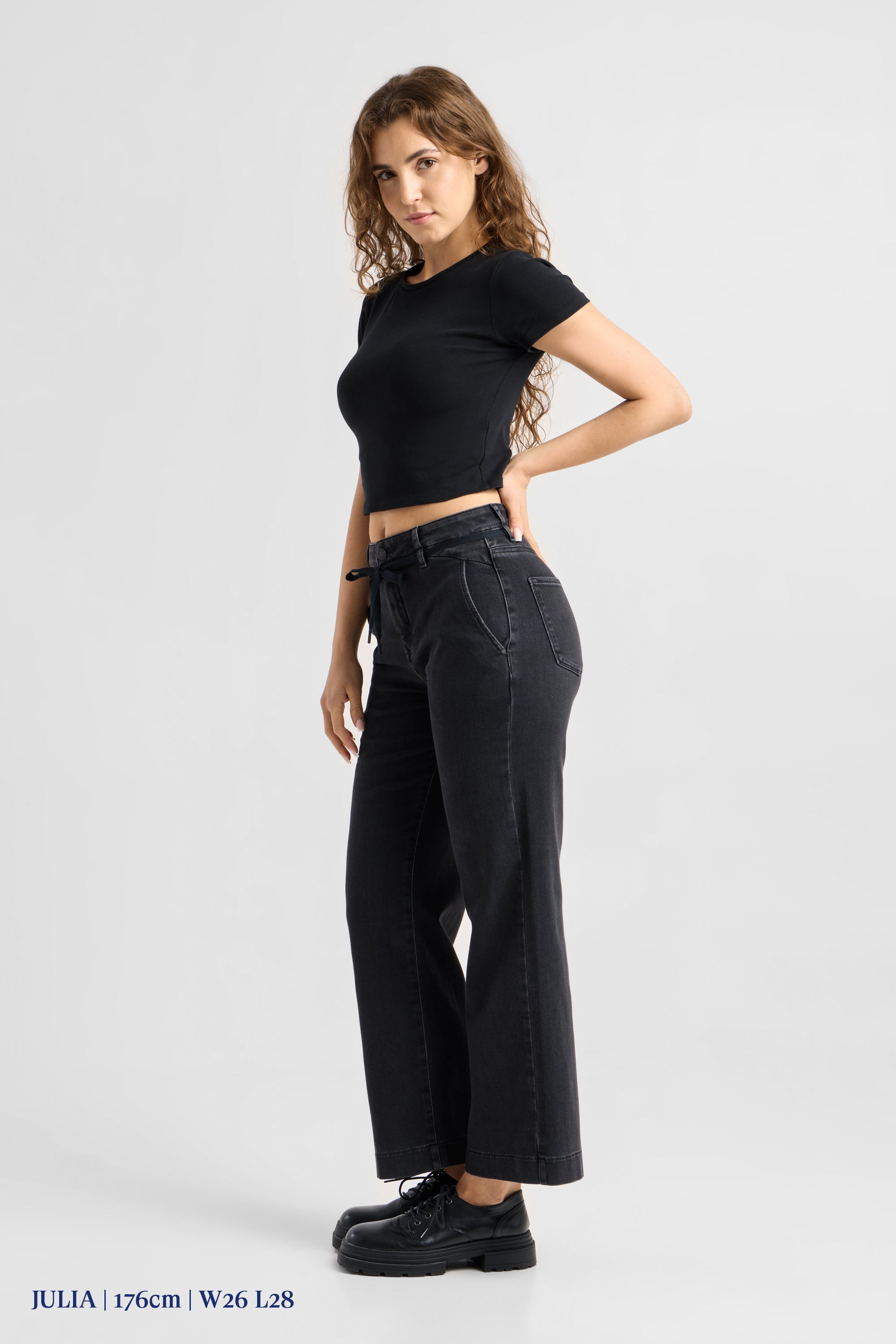 DEW Flared Cropped Soft Denim - French Pocket - Black Denim