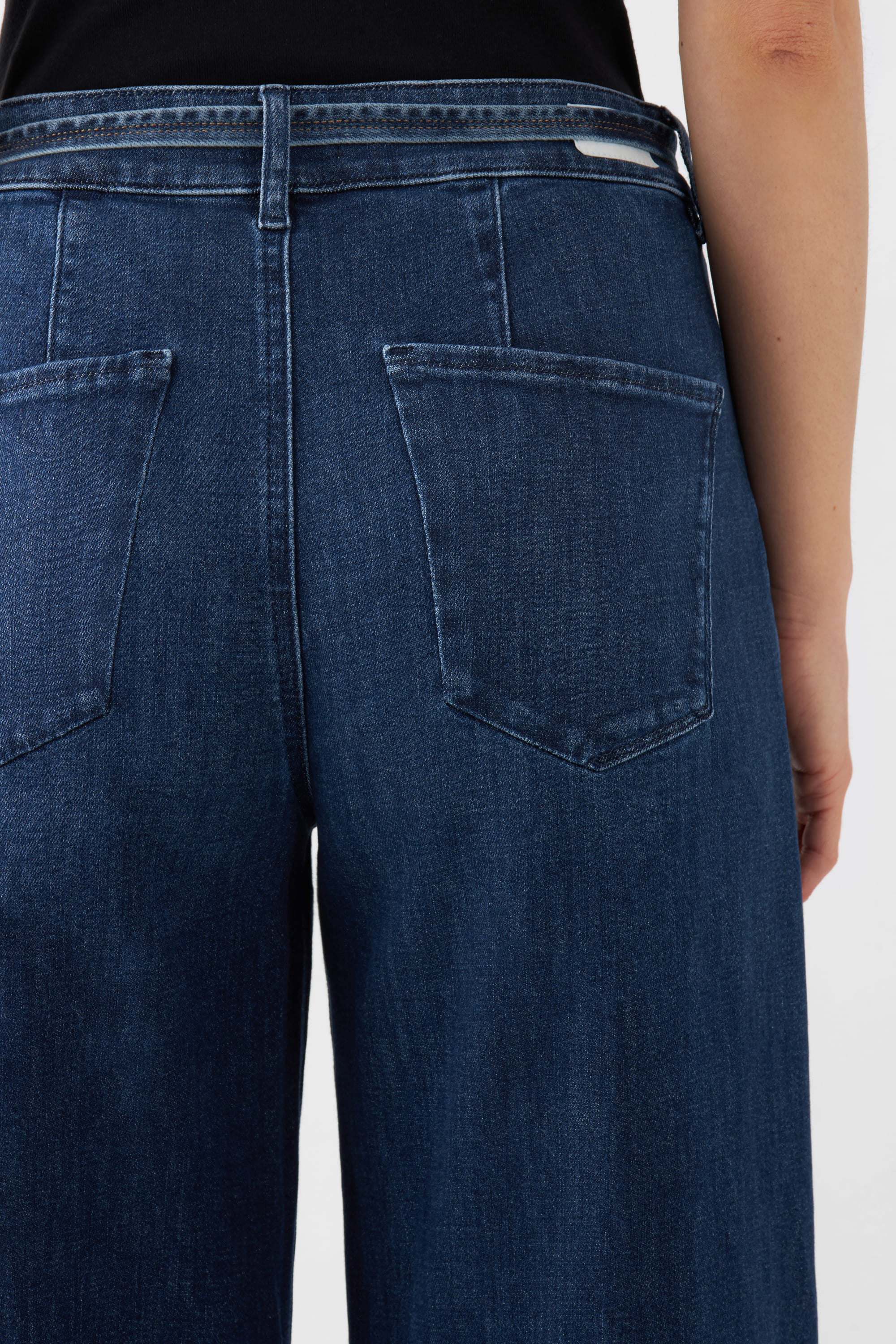 Rückansicht einer dunkelblauen High-Waist-Culotte-Jeans mit zwei Gesäßtaschen, Gürtelschlaufen und weitem, verkürztem Bein.