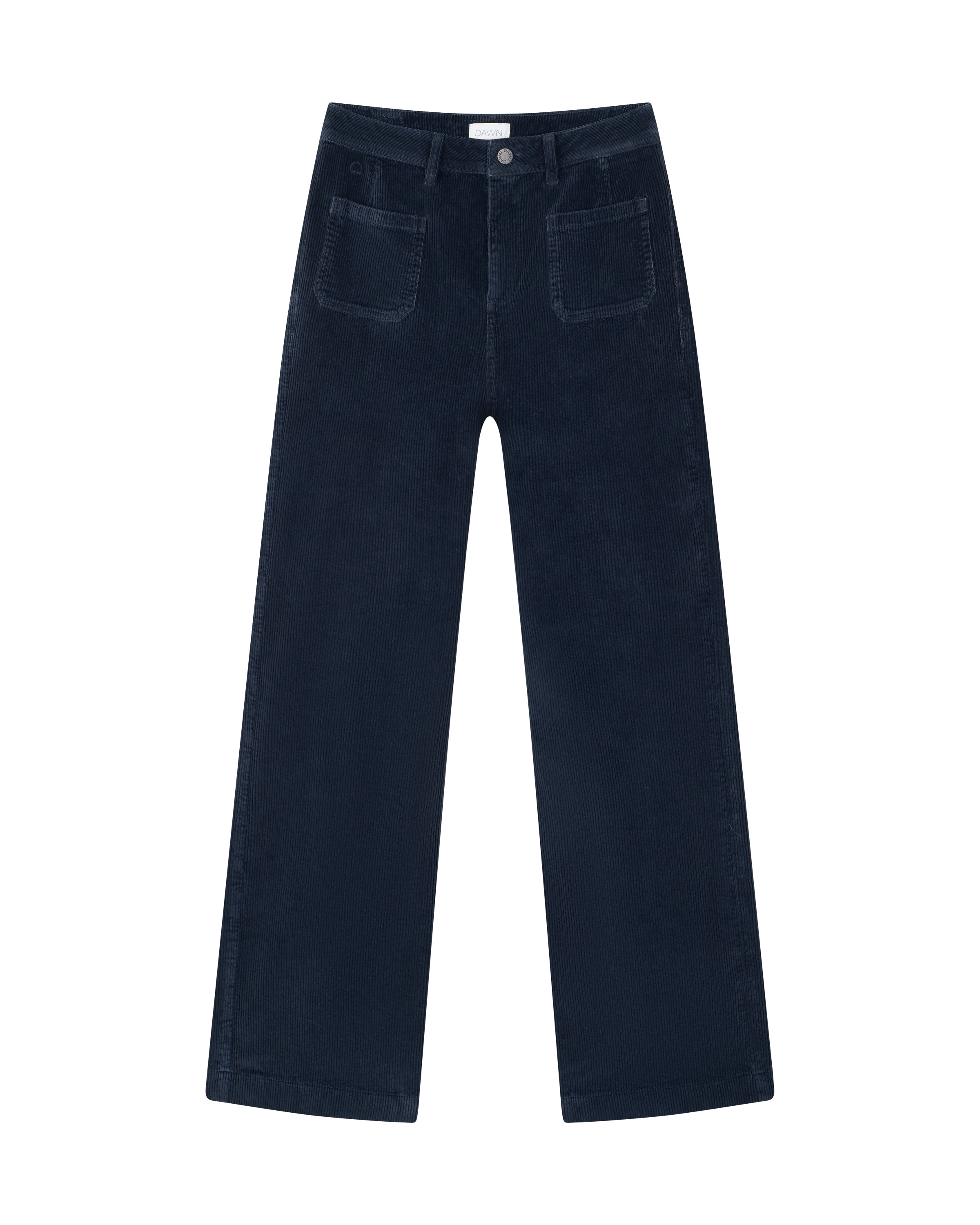 Dunkelblaue DEW Sailor Flared Corduroy Hose, hohe Taille, ab der Hüfte weiter werdend, mit aufgesetzten Taschen vorne und hinten (Organic Stretch Cord).