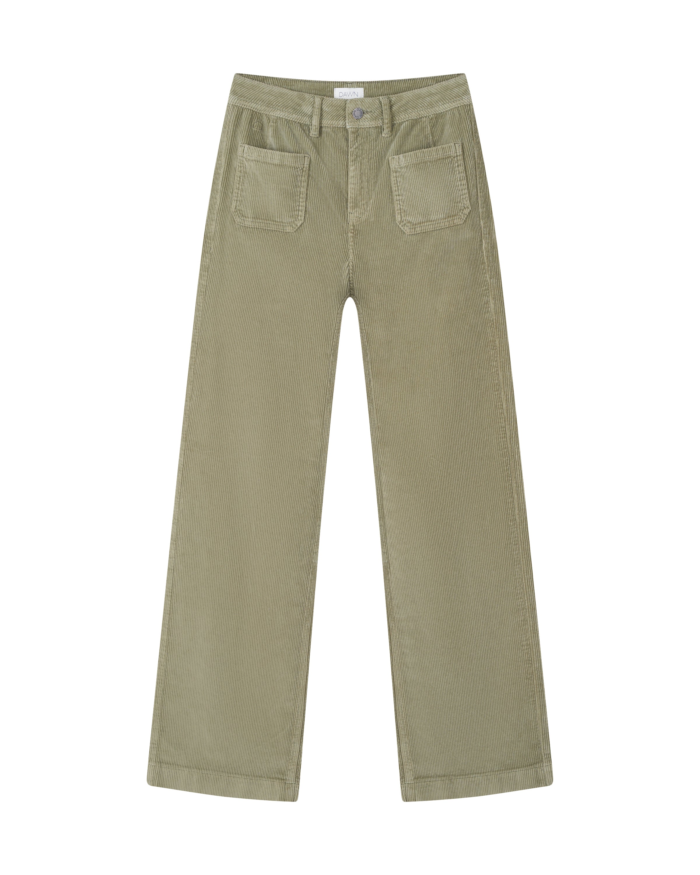 Sagegrüne DEW Sailor Flared Corduroy-Hose mit hoher Taille; vorne aufgesetzte Taschen, weite Beinpartie, aus Organic Stretch Cord.