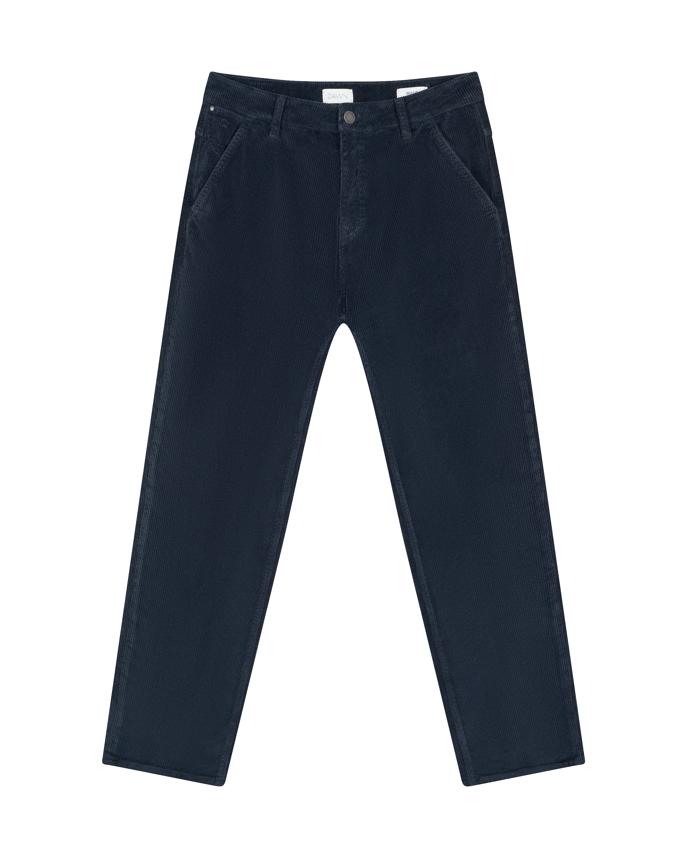 Dunkelblaue MANE Relaxed Straight Corduroy: lockerer Sitz, mittelhoher Bund, gerader Beinverlauf, schräge Fronttaschen.