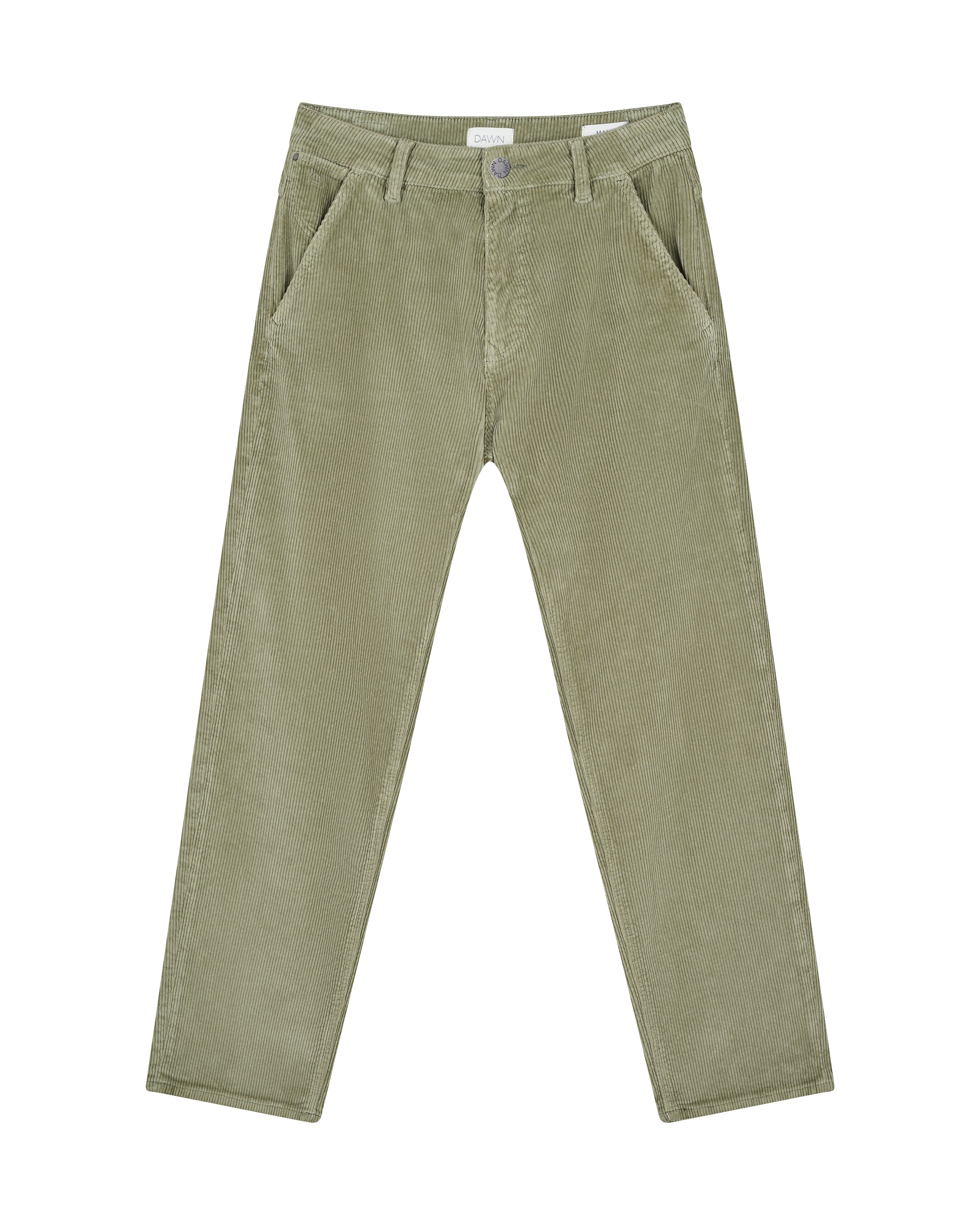 MANE Relaxed Straight Corduroy Hose, Sage Green, Vorderansicht: mittelhoher Bund, lockerer Sitz, gerader Beinverlauf.