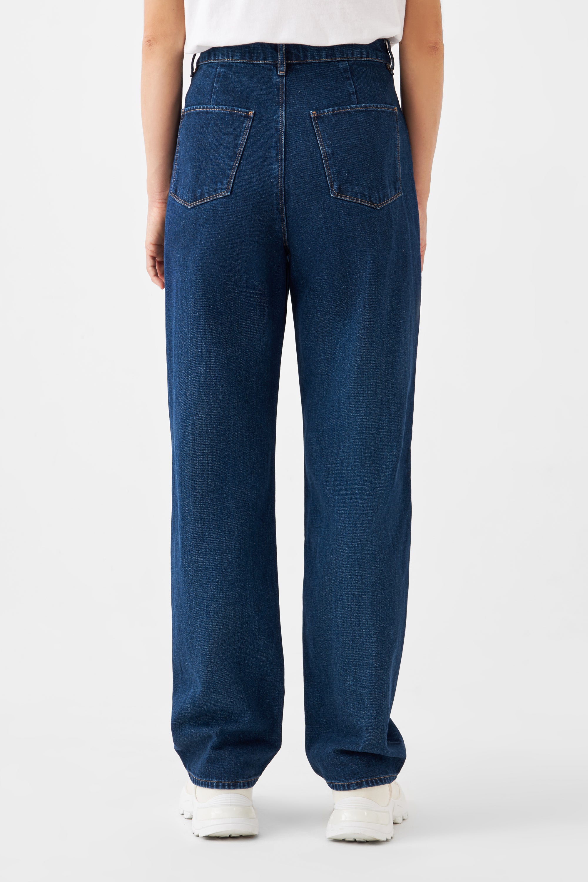 DAWN Dark Blue Wide Straight Non-Stretch Jeans – Hochbund, weite gerade Beine; Rückansicht mit zwei Gesäßtaschen, Bio-Baumwolle/Hanf.