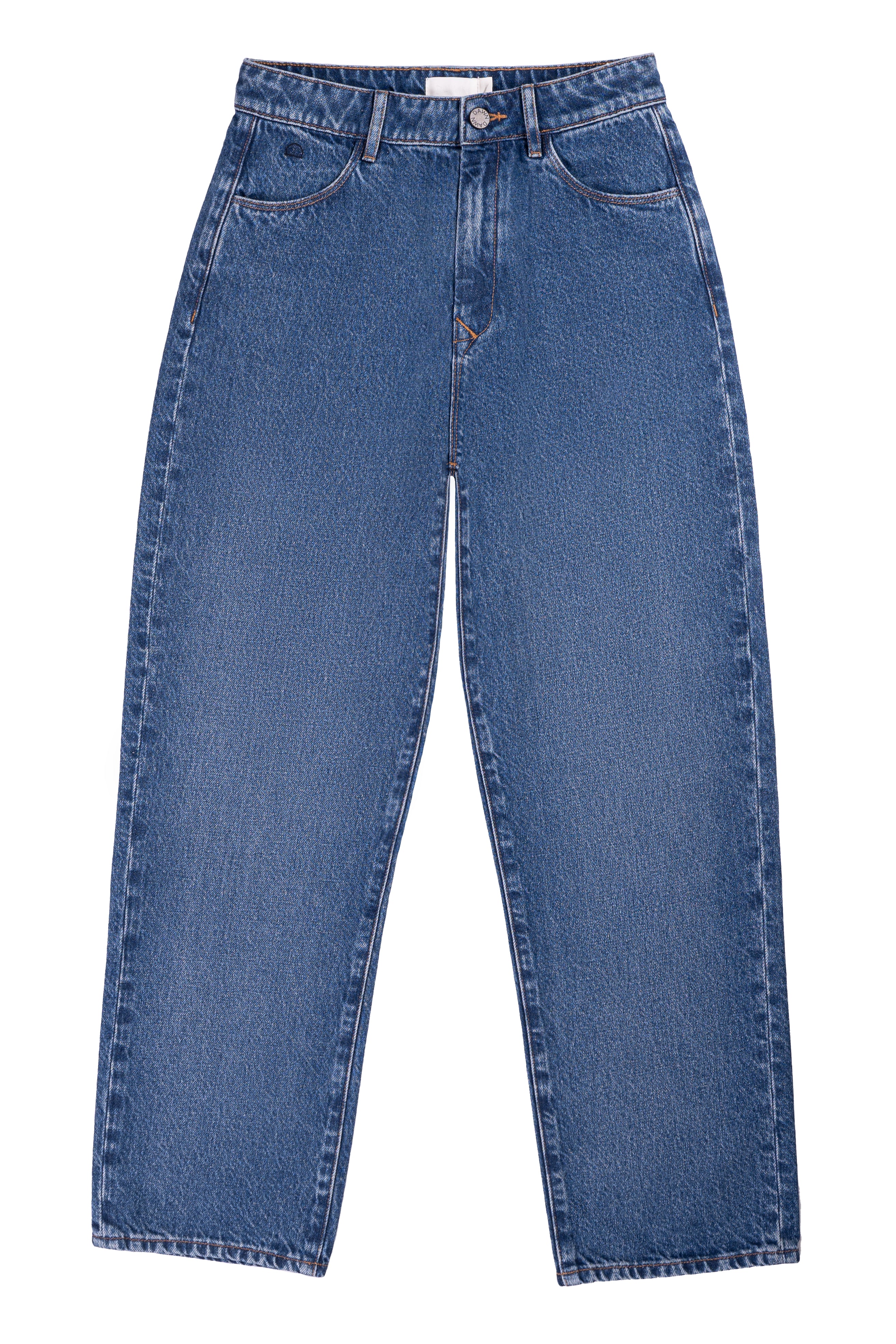 DAWN Cropped Wide-Straight Jeans, Medium Blue, hoch tailliert, weites Bein, Bio-Baumwolle & Hanf-Denim, Frontansicht.
