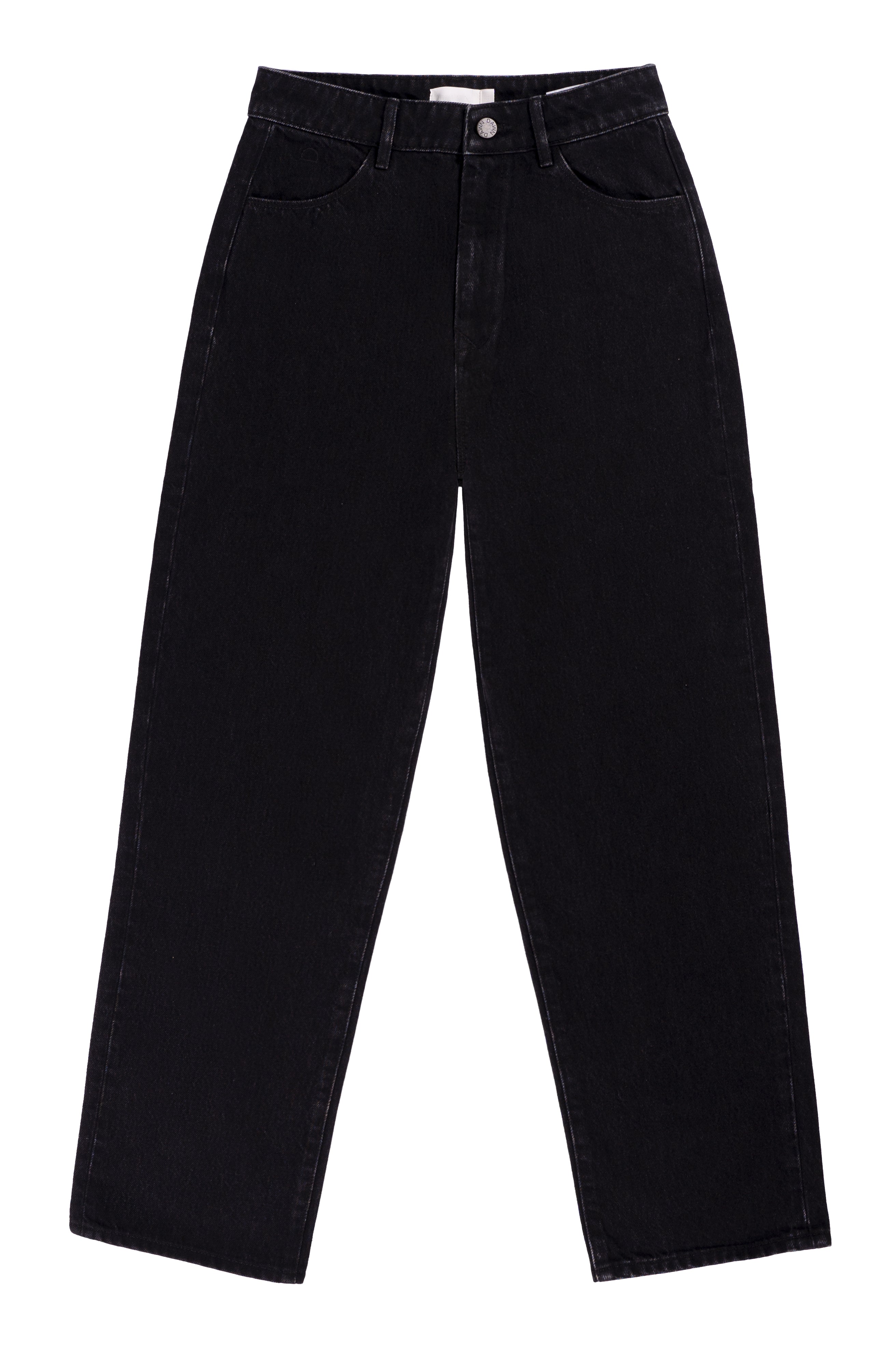 Schwarze DAWN Denim-Hose, cropped Wide-Straight, High-Waist, 100% Bio-Baumwolle; Vorderseite mit Gürtelschlaufen, Knopf und Reißverschluss.