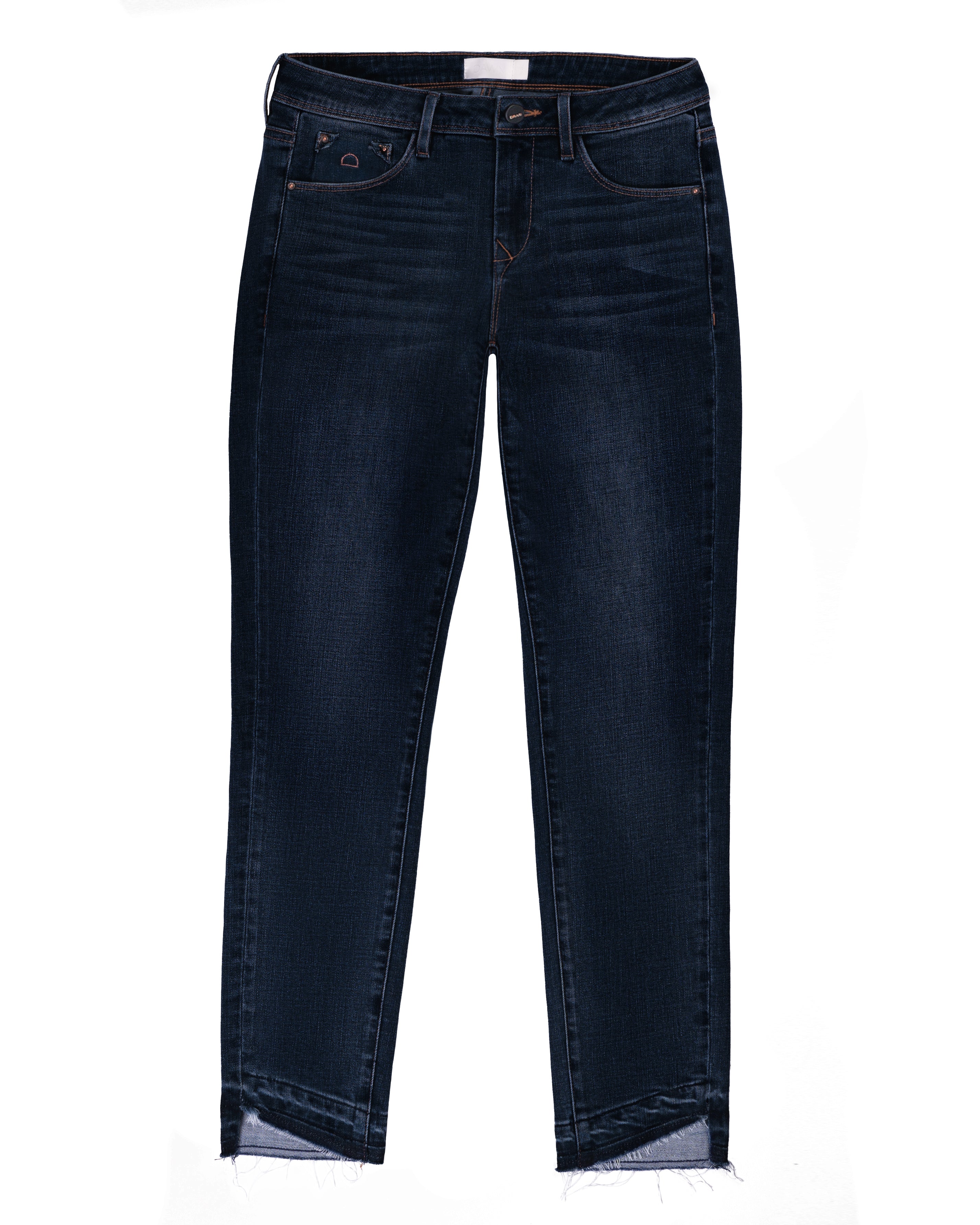 Dunkelblaue Slim-Fit Jeans mit Comfortstretch, 5-Pocket-Design, offener, fransiger Saum und dekonstruierte fünfte Tasche.
