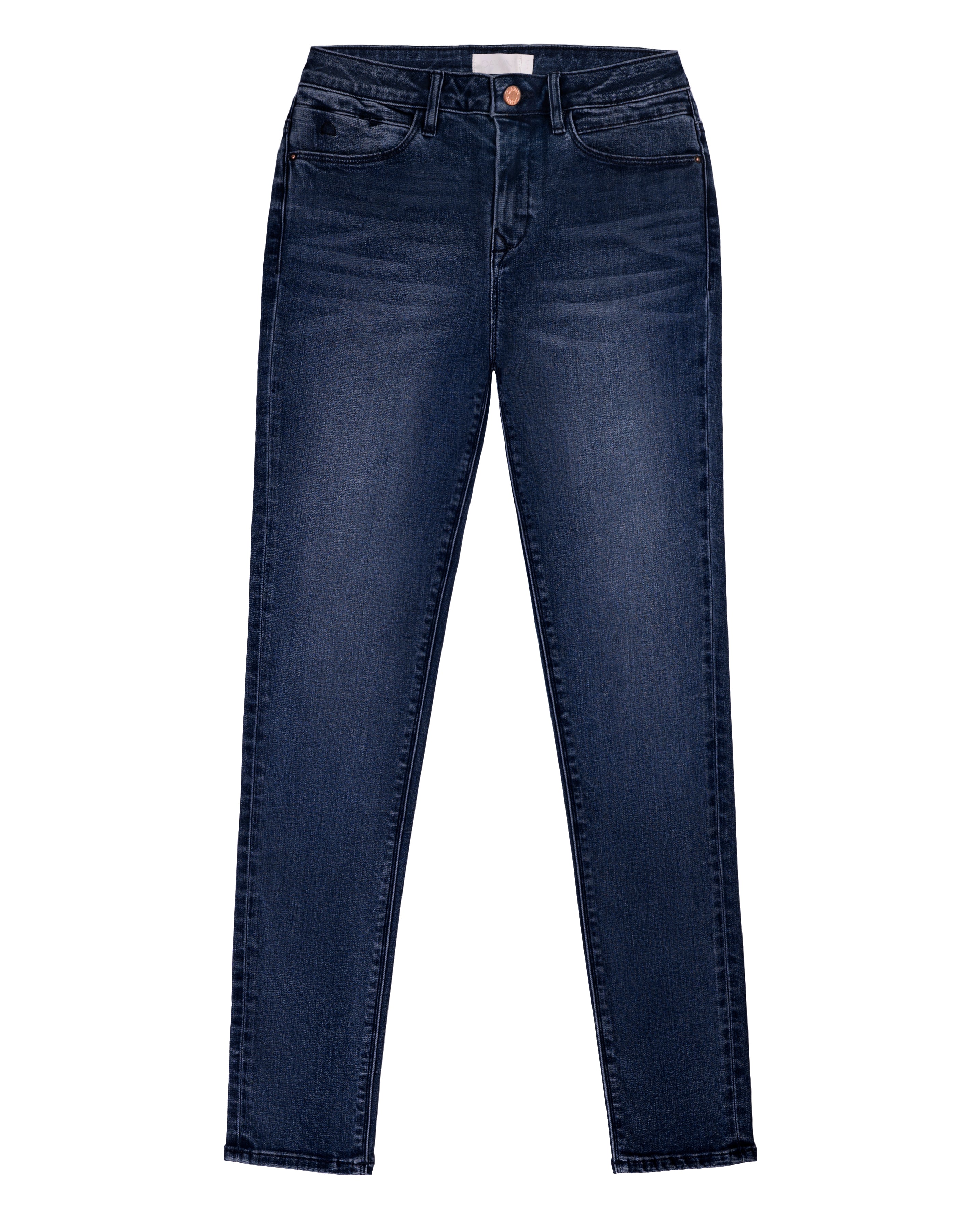 Dunkelblaue SUN UP Skinny-Jeans, Basic Fit, Mid-Rise, Powerstretch, Frontansicht mit minimalistischen Vordertaschen.