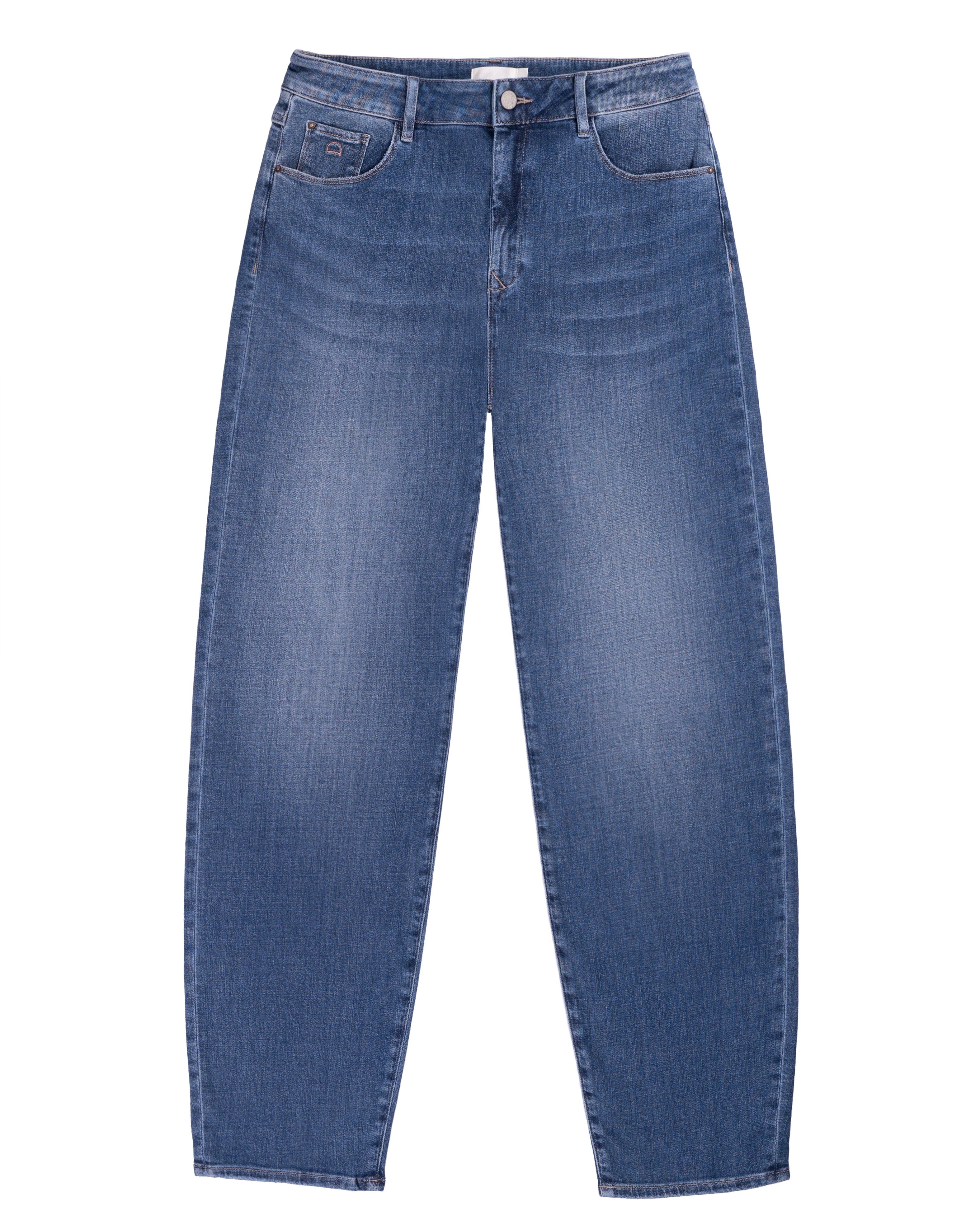 STARDUST O-Shape Jeans in Medium Blue: hohe Taille, entspannte Hüfte, 5-Pocket-Front, Knopf- und Reißverschluss, dezente Fade-Effekte.