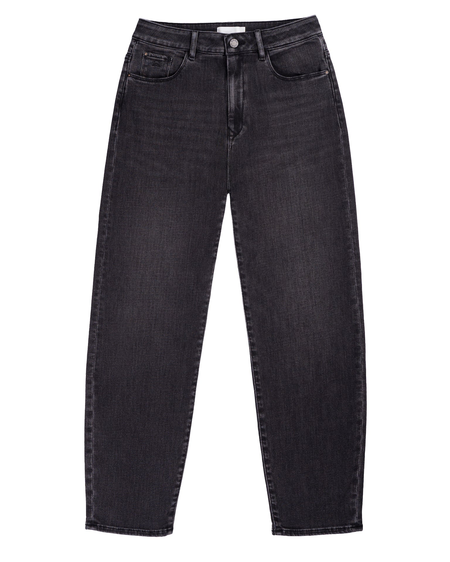 Schwarze STARDUST O-Shape Jeans von DAWN, High-Waist, entspannt in der Hüfte, Soft-Stretch-Denim, Front mit fünf Taschen.