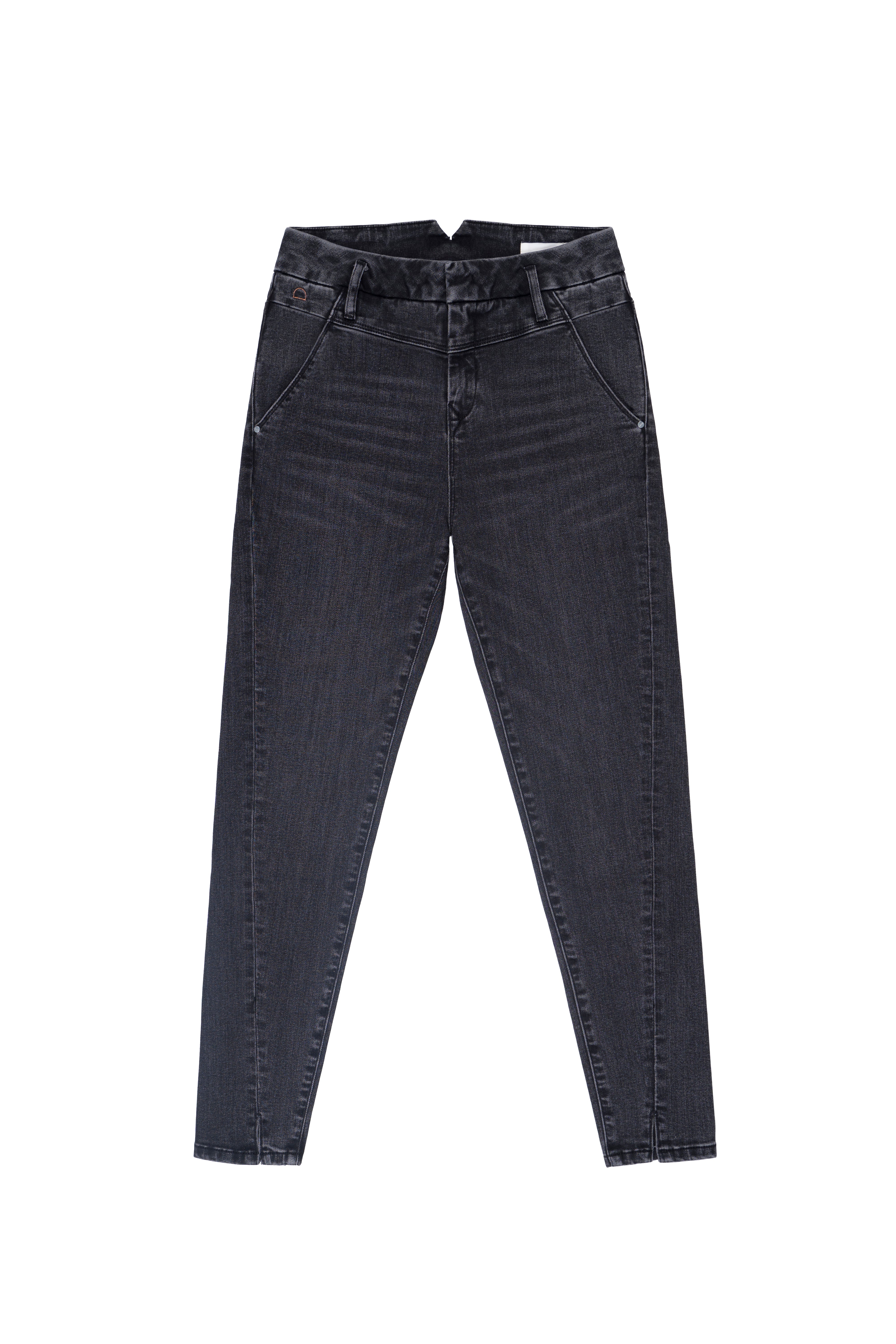 Schwarze SUN UP Skinny-Jeans aus Black Denim, mittelhoch sitzend, schmaler Schnitt, Waschungen; Powerstretch für formende Passform.