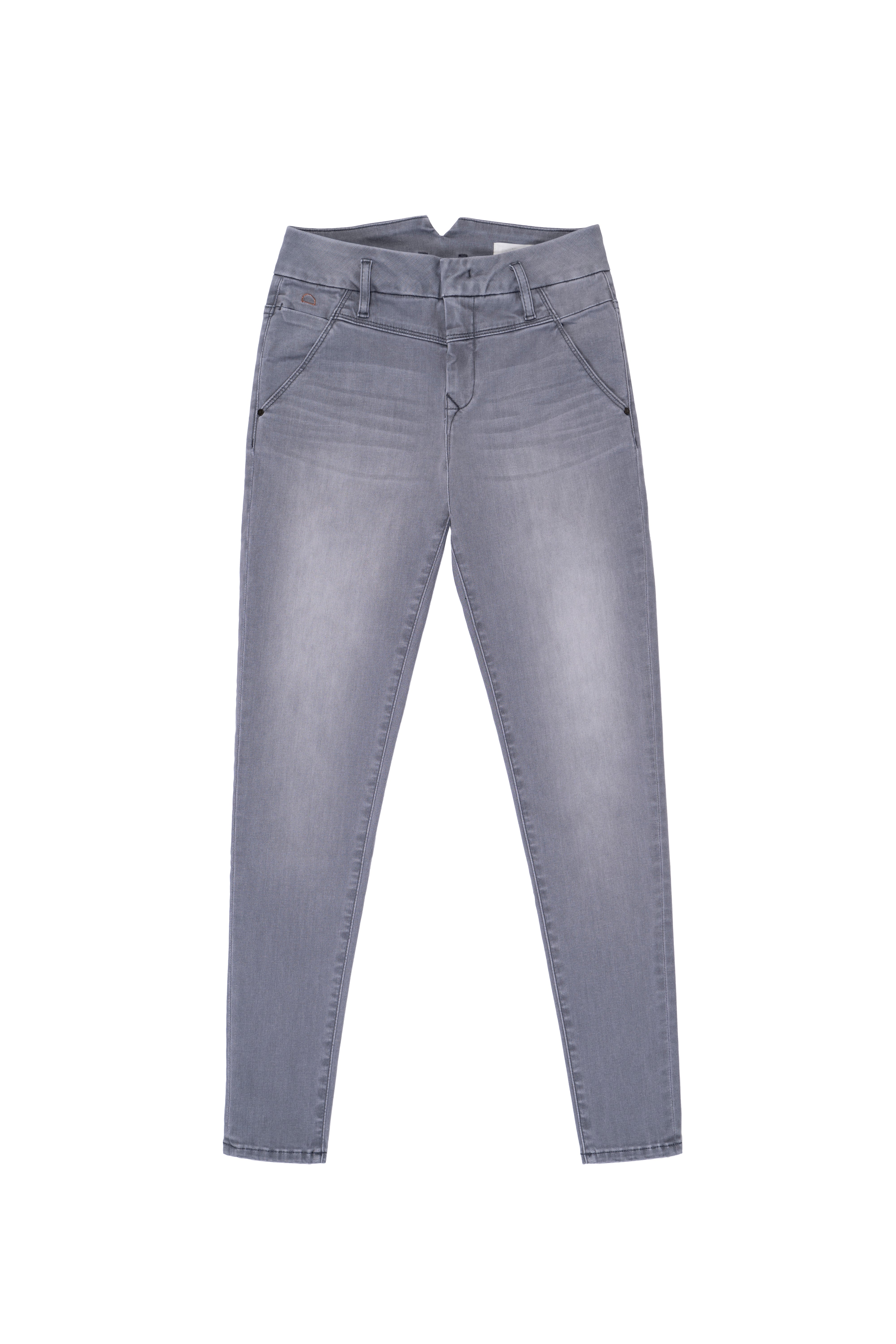 SUN UP Skinny Powerstretch Jeans in Silver Denim, flach gelegt; mittelhoher Sitz, figurnahe Passform, klassische Five-Pocket-Details.