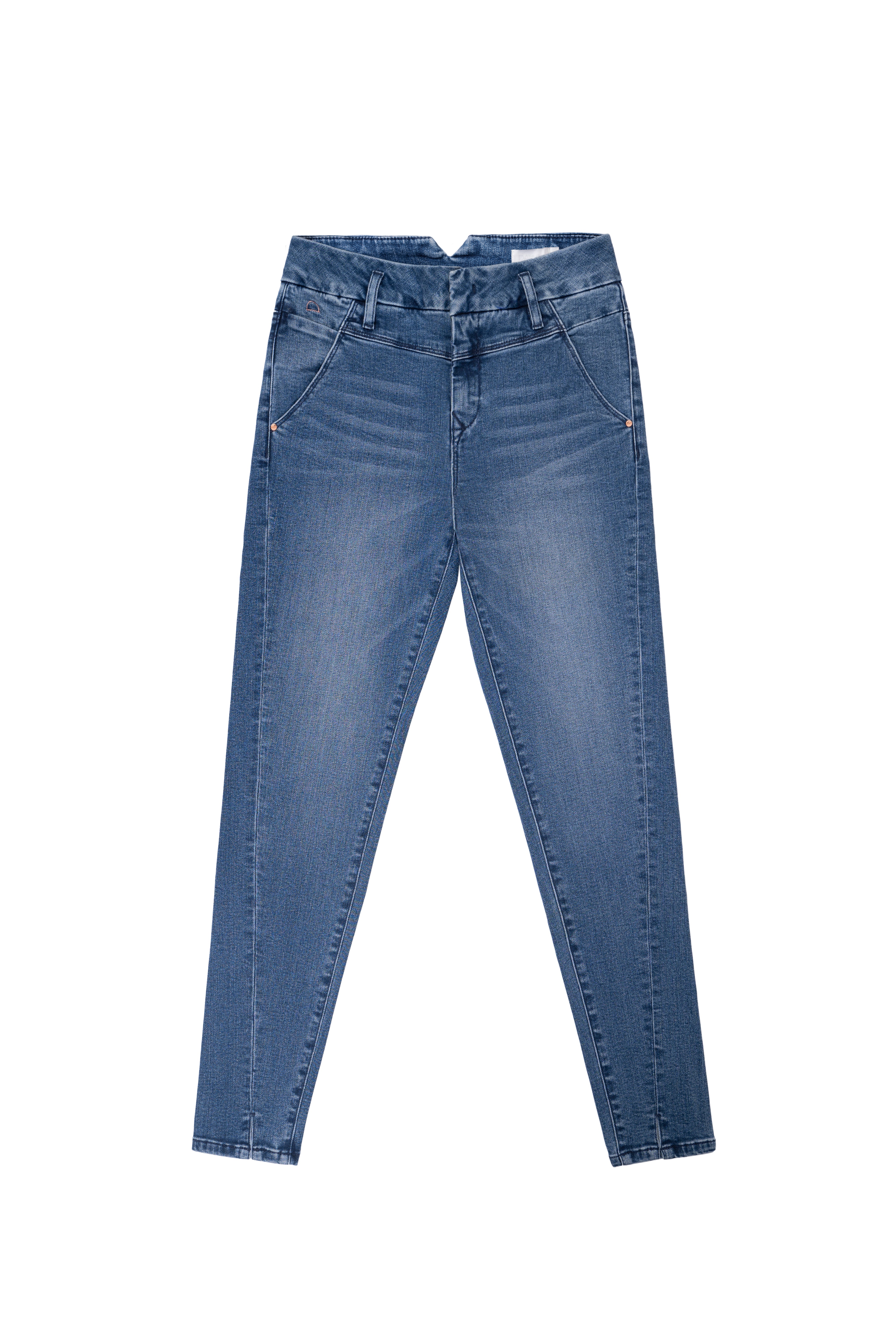 SUN UP Skinny Powerstretch Jeans, Medium Blue, Frontansicht: mittlerer Bund, schräge Außennähte, Saumschlitz.