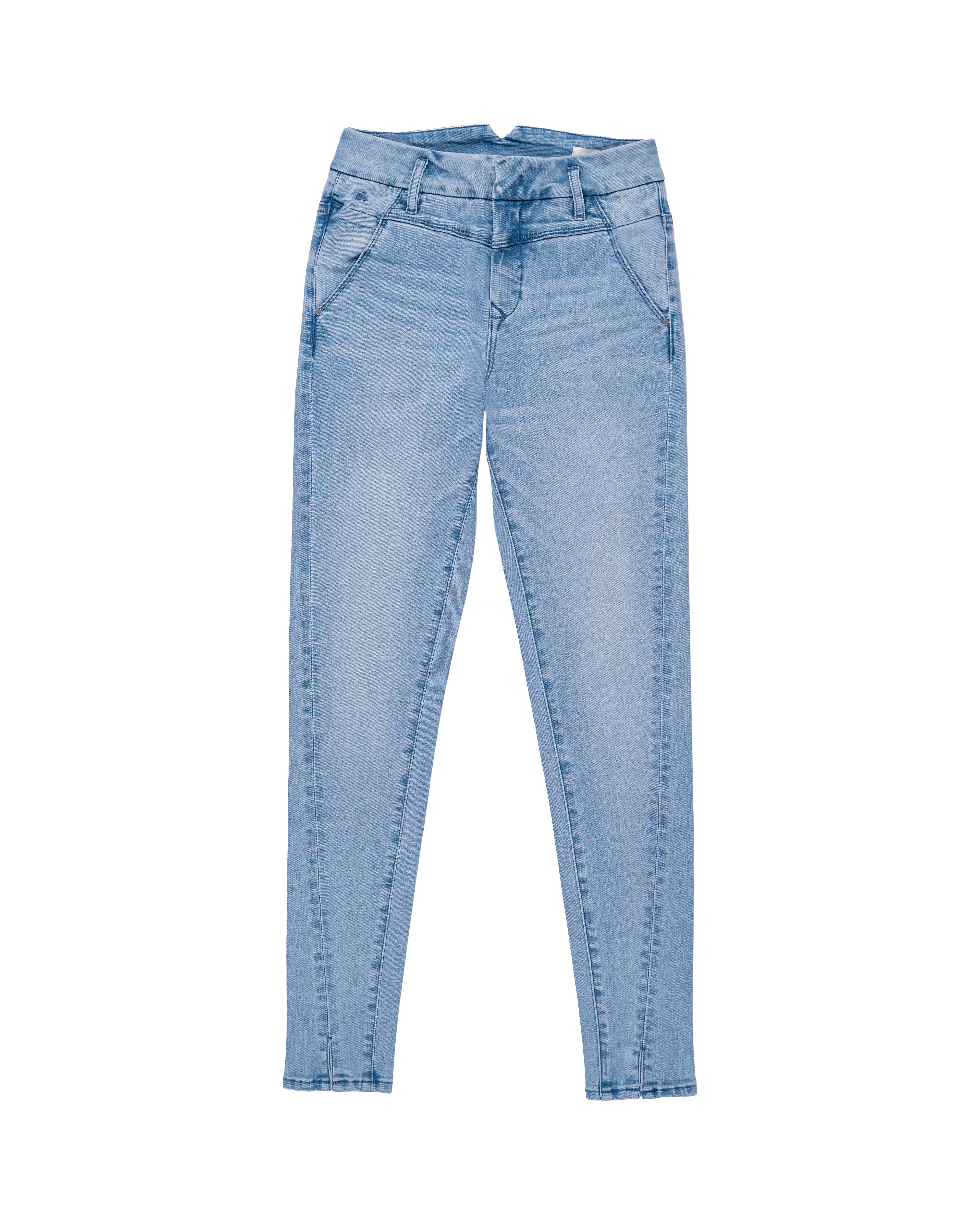Vorderansicht einer hellblauen SUN UP Skinny-Jeans mit Powerstretch; schräge Außennaht und Saumschlitz sichtbar.