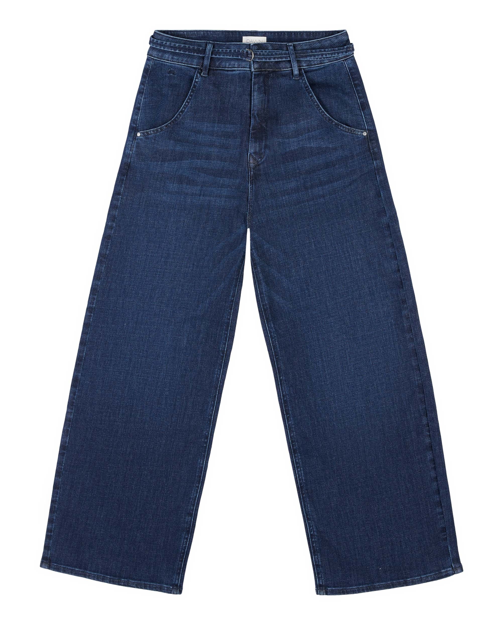 Dunkelblaue BLINK High-Waist Culotte-Jeans, hoch tailliert, weites, verkürztes Bein, Frontansicht mit Taschen.