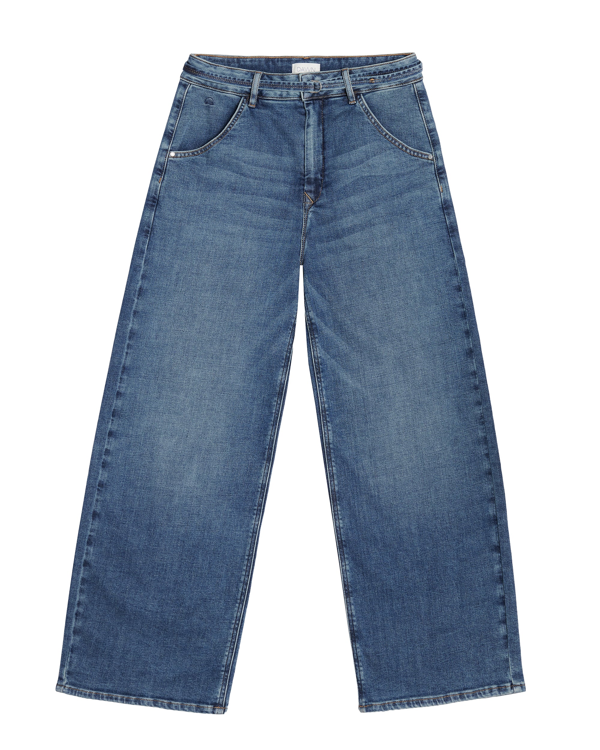 BLINK High Waist Culotte Jeans – Vintage Blue, Frontansicht: hoch tailliert, weites Bein, Fronttaschen, abnehmbarer Gürtel.