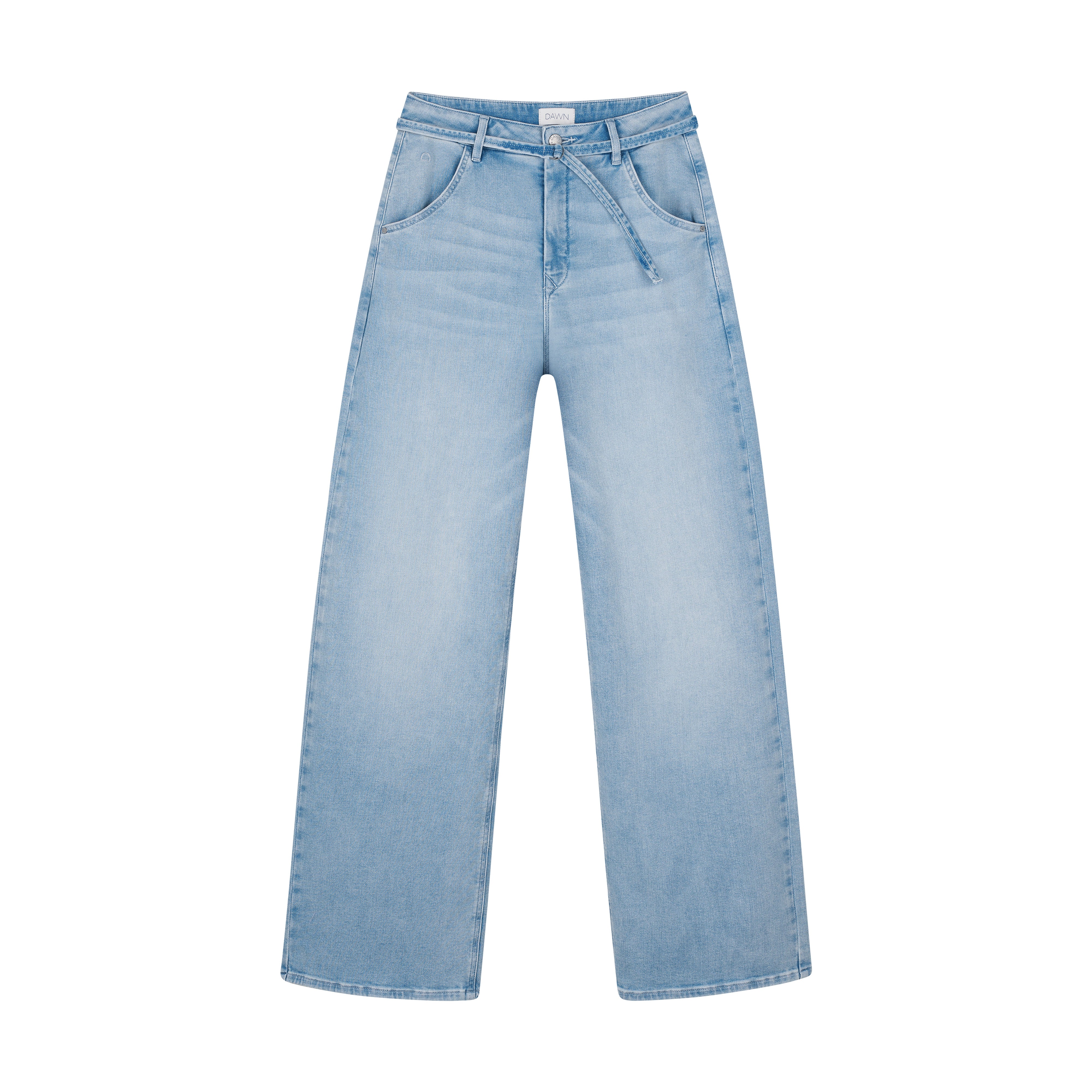 Hellblaues BLINK High-Waist-Wide Jeans, hoch tailliert und entspannt an der Hüfte, weiter, gerader Beinverlauf, abnehmbarer Gürtel – Denim aus Bio-Baumwolle.