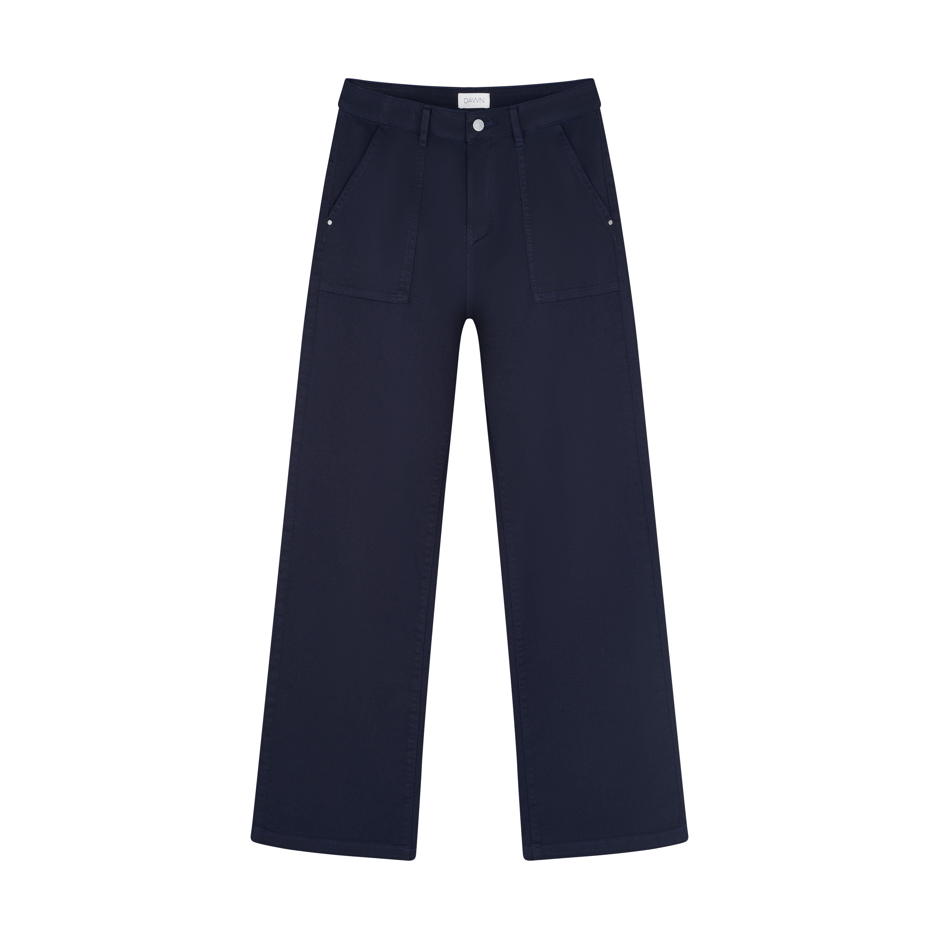 Dunkelblaue DEW Worker Hose, Nightsky Navy, hohe Taille, weites Bein, große aufgesetzte Taschen, aus weichem Stretchmaterial.