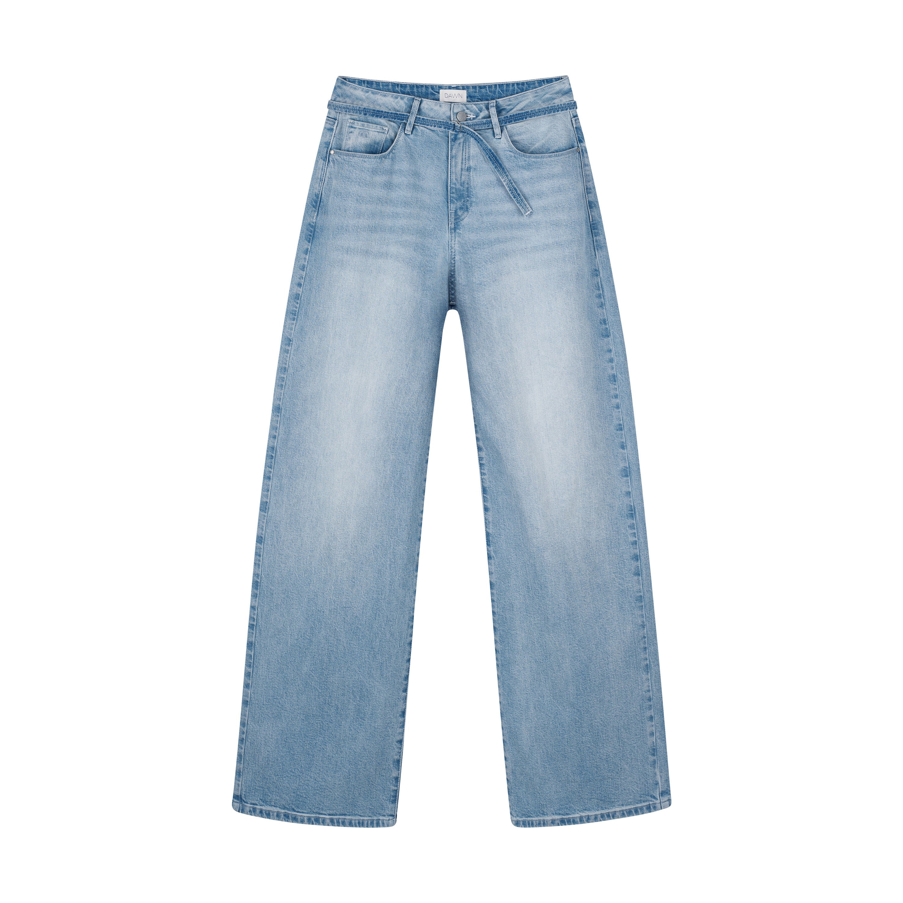 Hellblaues SUNNY Wide-Leg Jeans, mittelhohe Taille, weites gerades Bein, Minimal Stretch – Frontansicht mit Denim-Gürtel.
