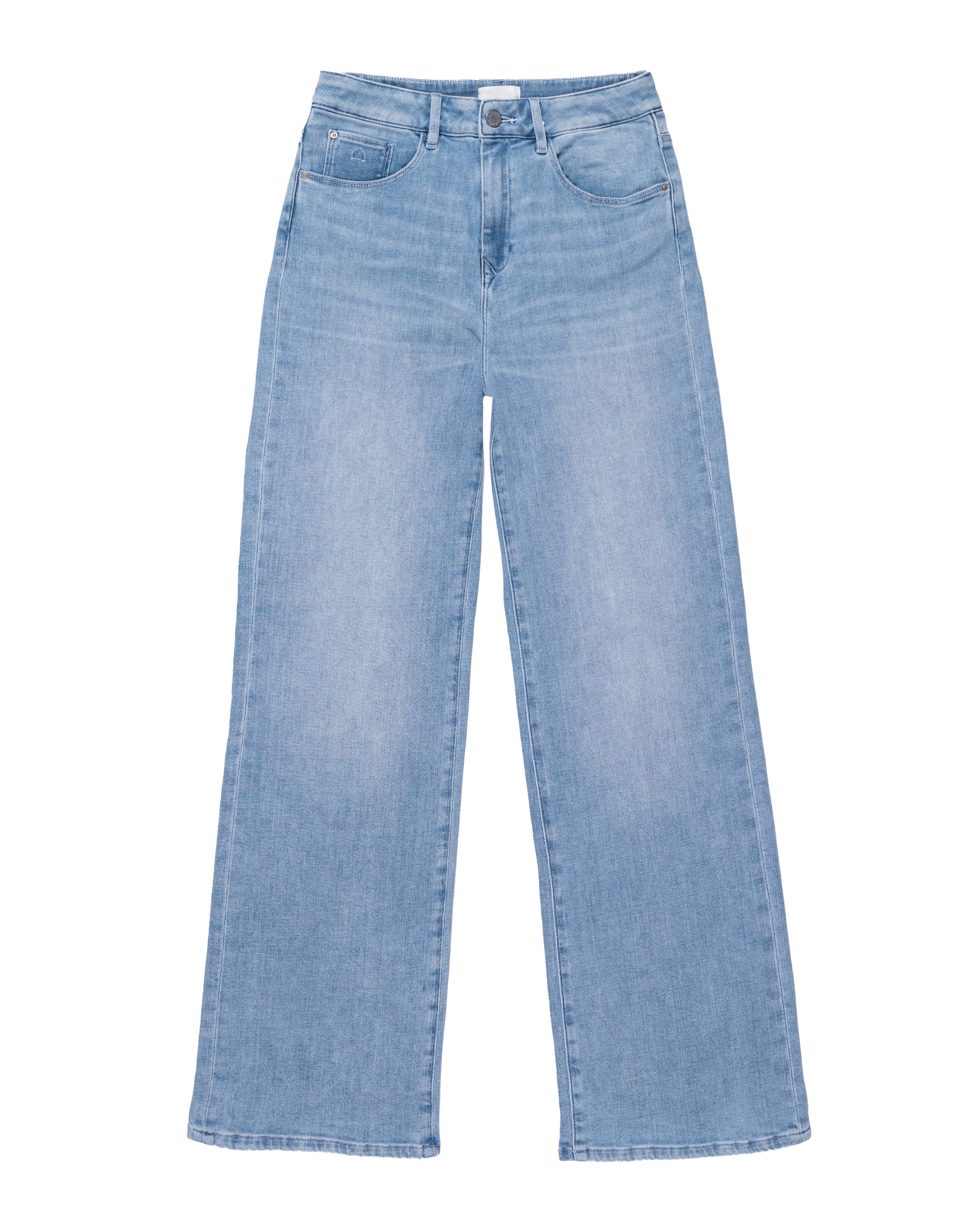 Hellblaue DEW Flared-Jeans mit hohem Bund, Five-Pocket-Design und ausgestelltem Bein – Frontansicht.