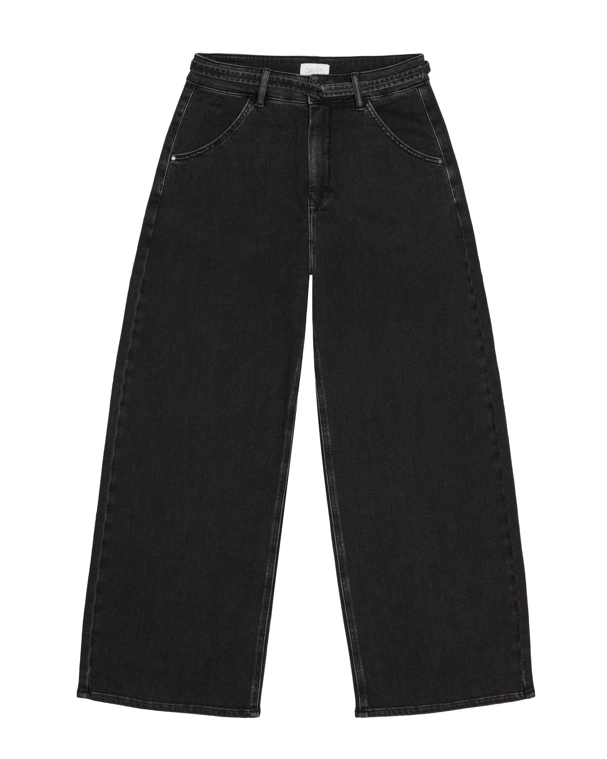 Schwarze High-Waist-Culotte-Jeans aus Organic Soft Denim, cropped, weite Beine; Vorderansicht, mit abnehmbarem Gürtel und bequemem Stretch.