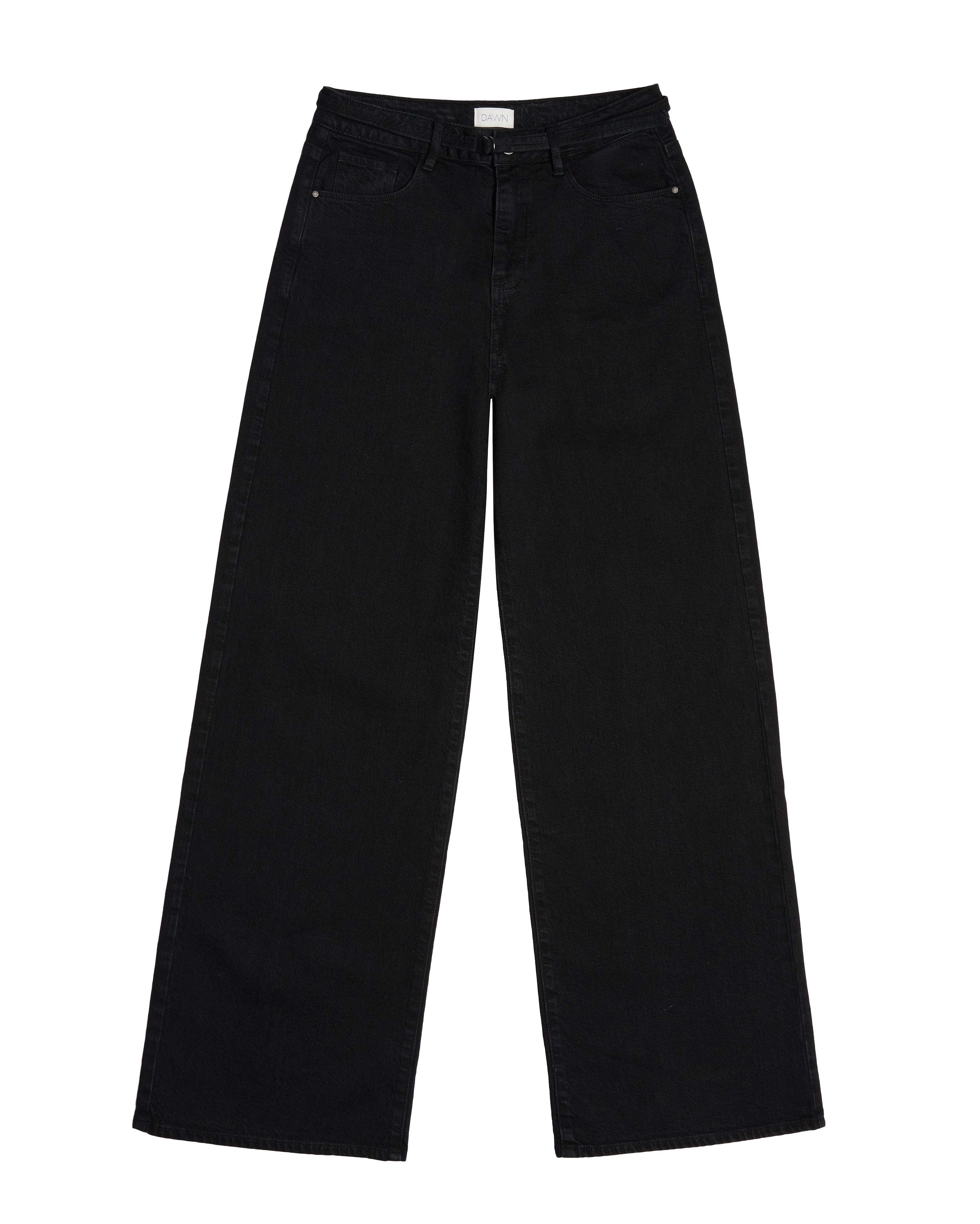 Frontansicht einer schwarzen BLINK High-Waist Wide Denim Jeans: hohe Taille, weiter gerader Beinverlauf, klassisches Fünf-Pocket-Design.