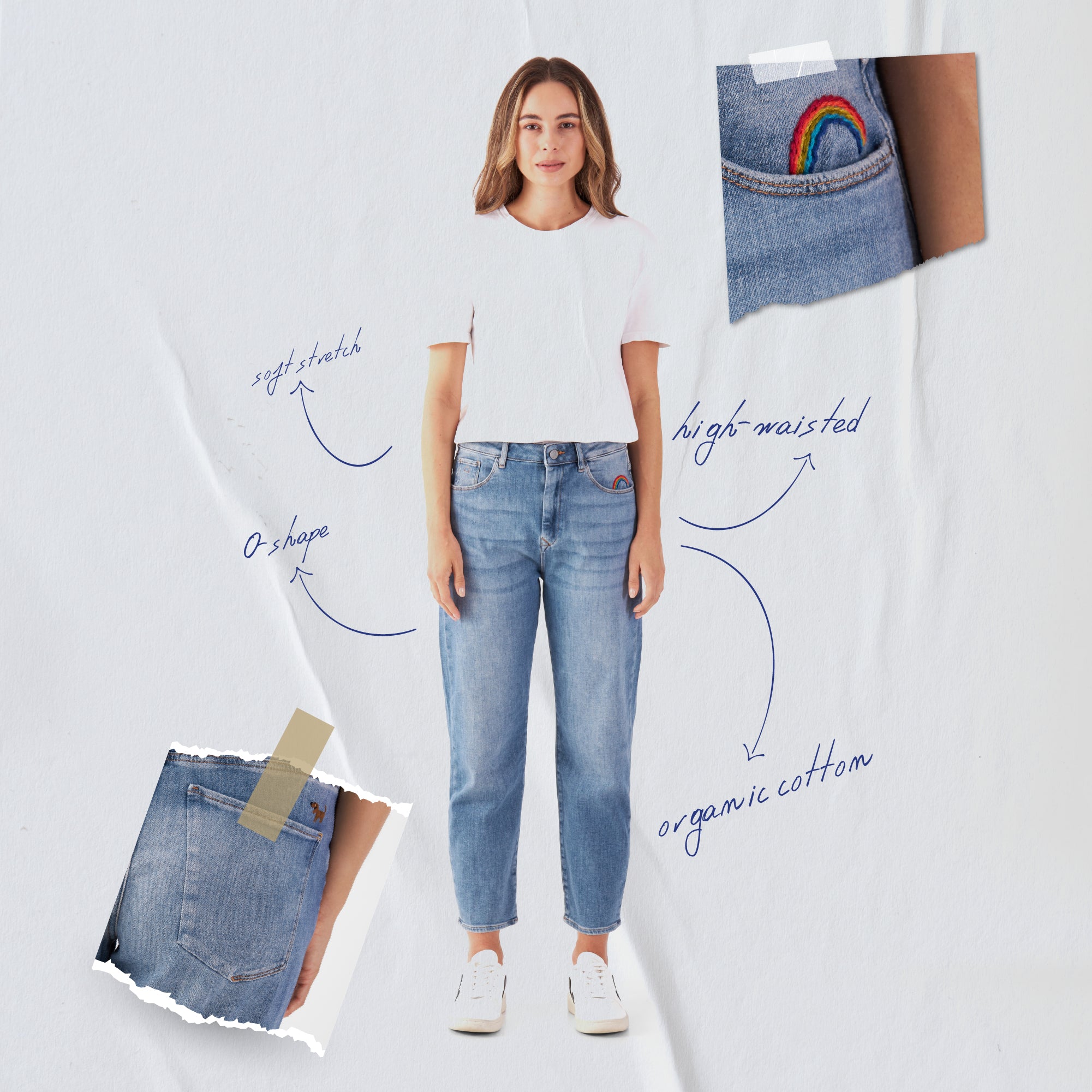 Hellblaue STARDUST O-Shape Jeans mit High-Waist und mittlerem Beinverlauf; Regenbogen-Stickerei am Taschenbereich, Bio-Baumwolle.