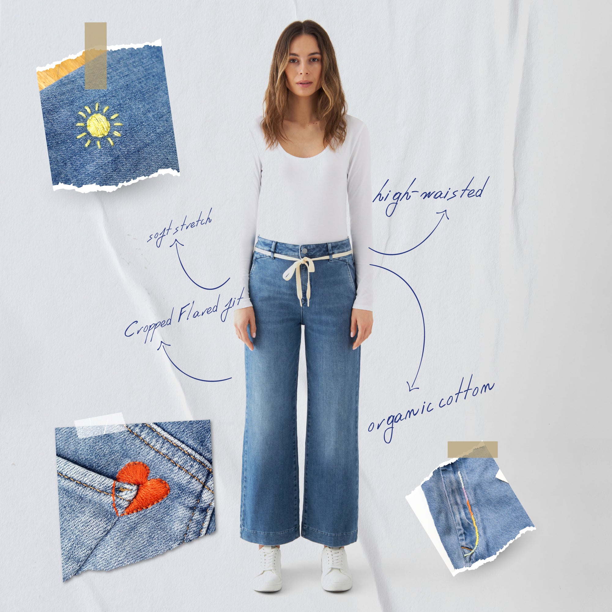 DEW Flared Cropped Soft Denim - French Pocket - Medium Blue - Art on Broken Pieces