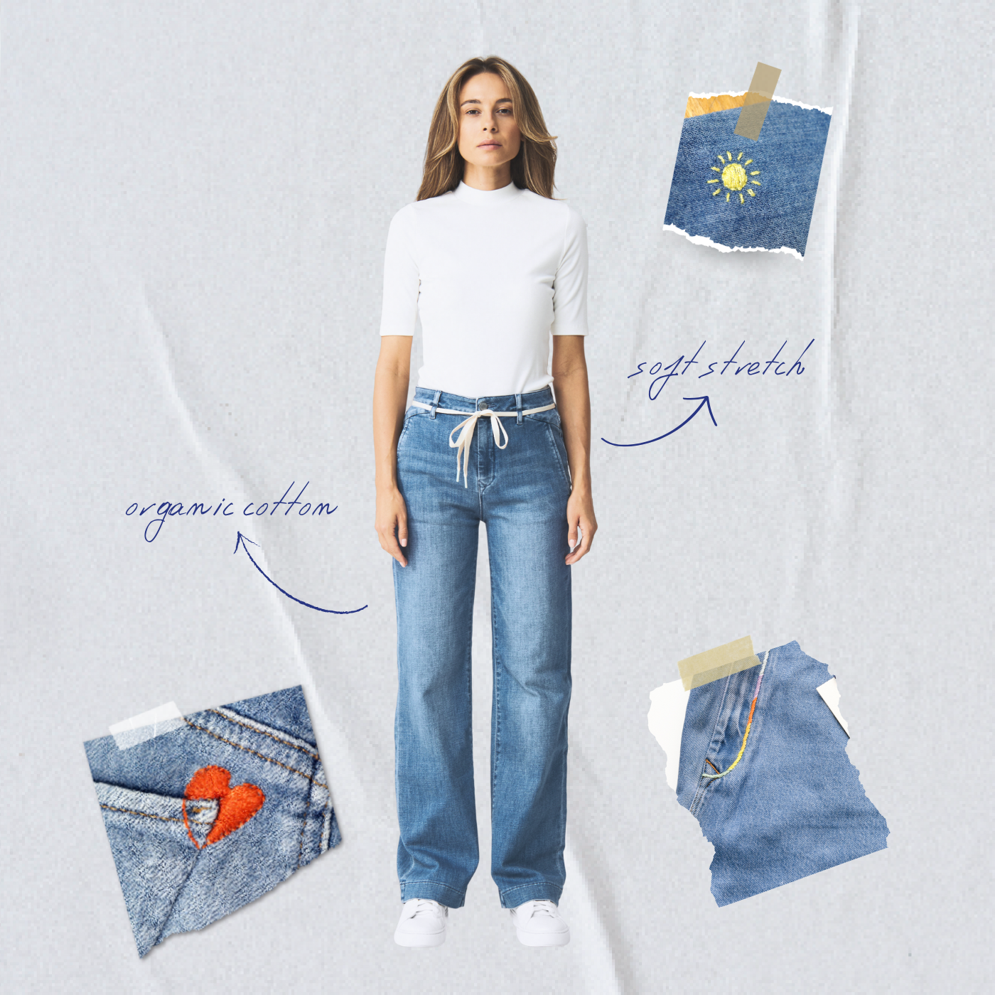 Frontansicht der DEW Flared Soft Denim Jeans in Medium Blue mit hohem Bund, französischen Taschen und ausgestelltem Bein; limitiertes Unikat aus Art on Broken Pieces.
