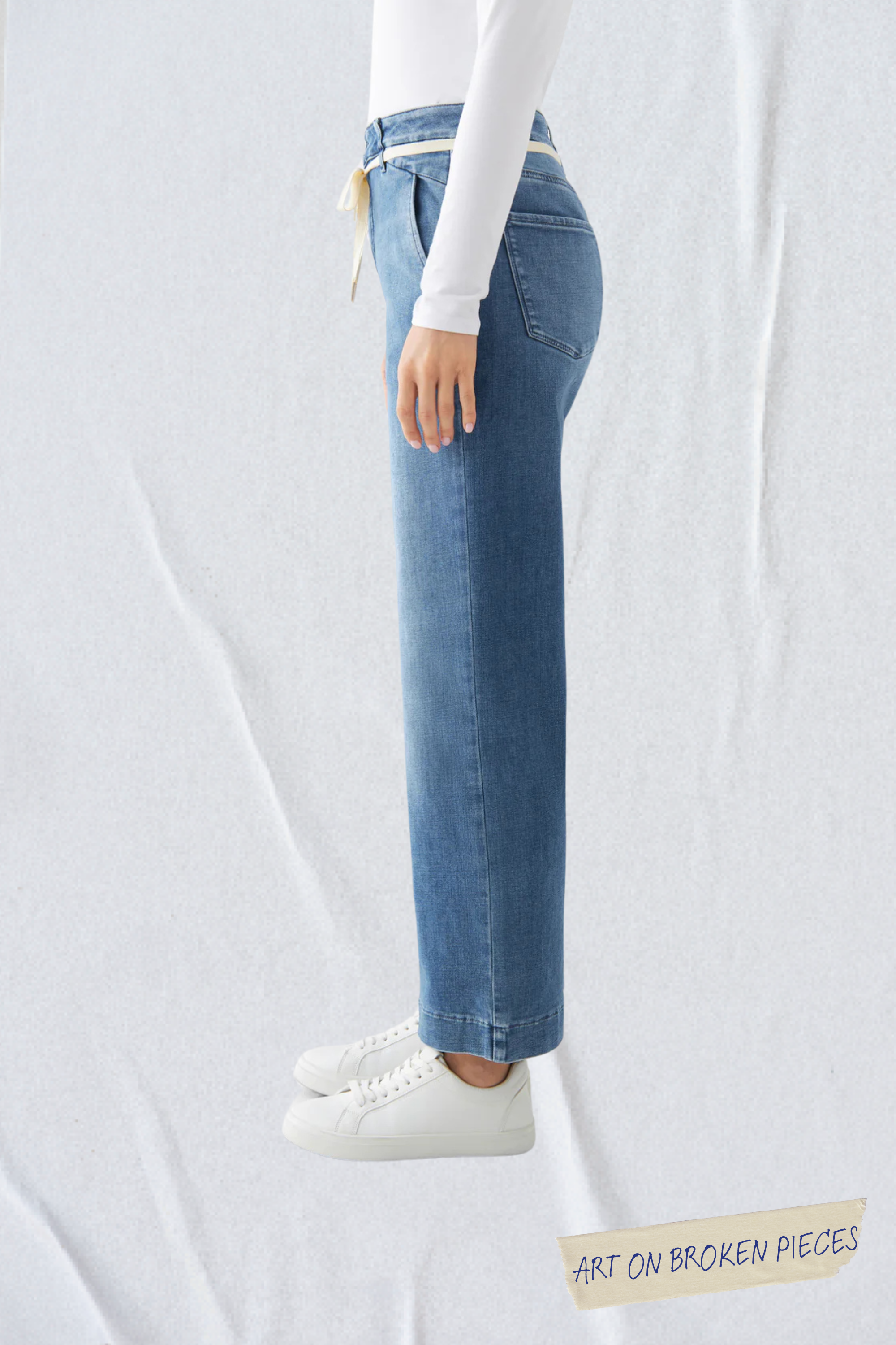 DEW Flared Cropped Soft Denim - French Pocket - Medium Blue - Art on Broken Pieces