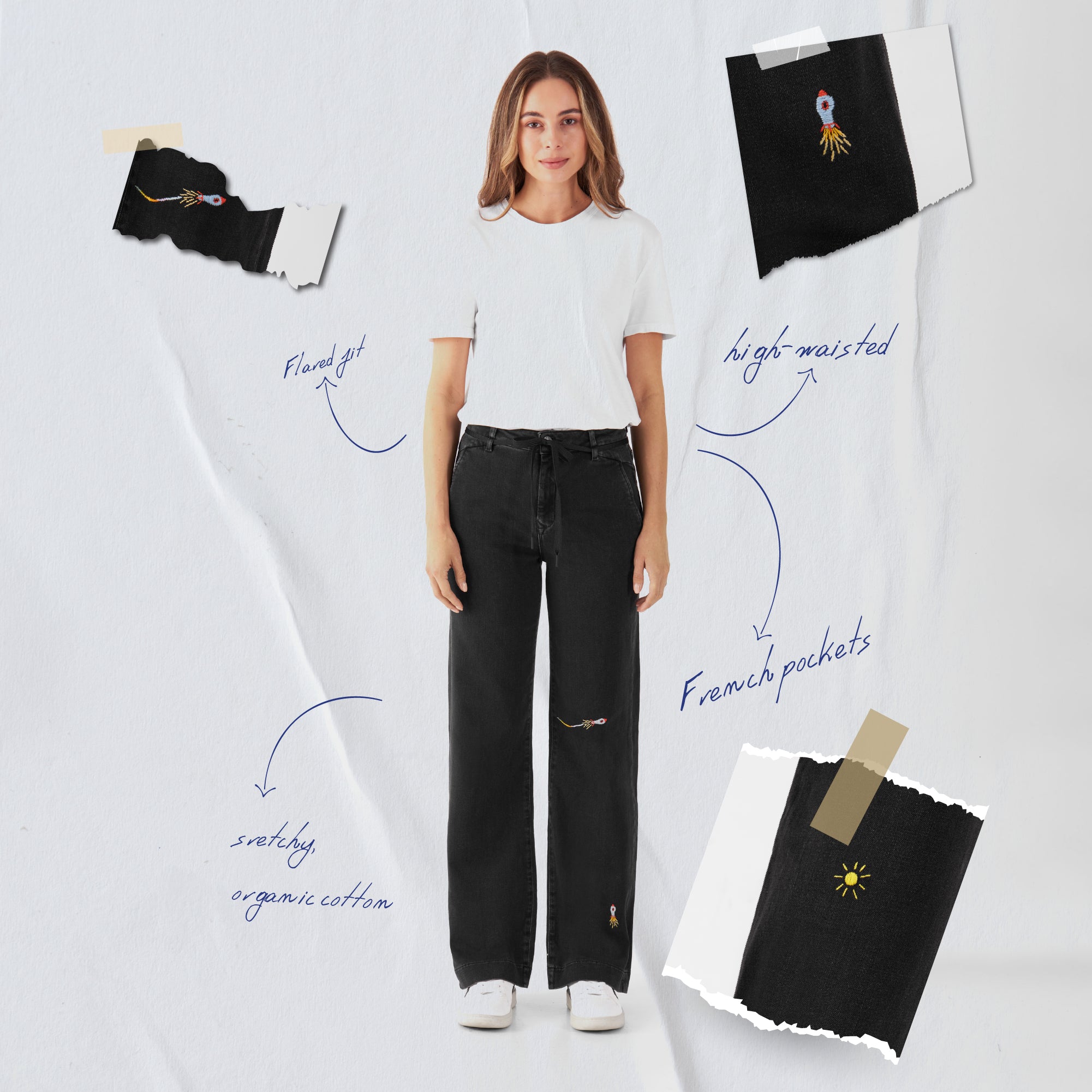 Schwarze Denim-Jeans im DEW French Pocket Fit, hoch tailliert, ausgestelltes Bein; Stickerei am Bein – Art on Broken Pieces.