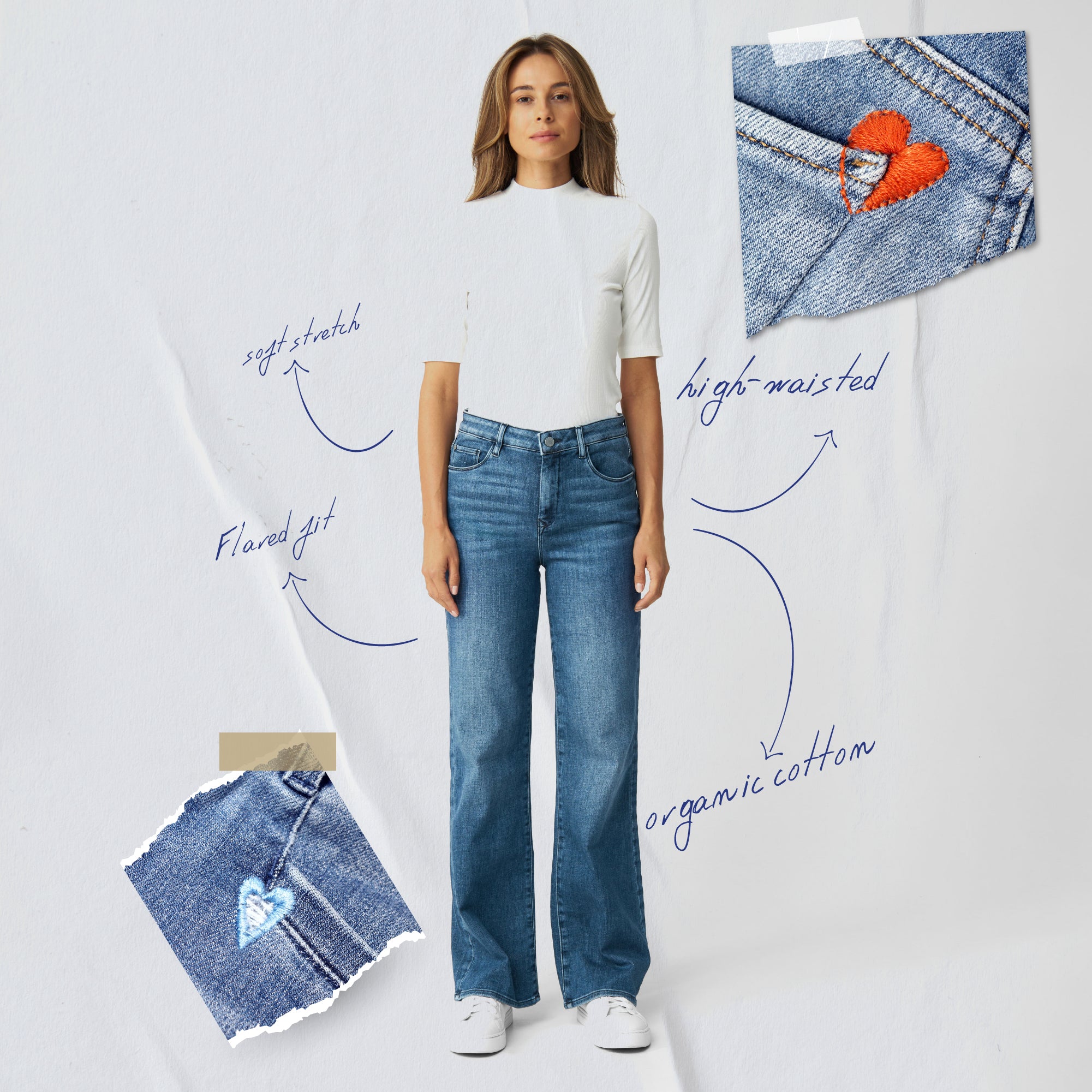 DEW Flared Soft Denim Jeans – Classic Fit, High Waist, ausgestelltes Bein, Medium Blue. Limitierte Unikat-Edition „Art on Broken Pieces“ mit Herz-Patch an der Tasche.