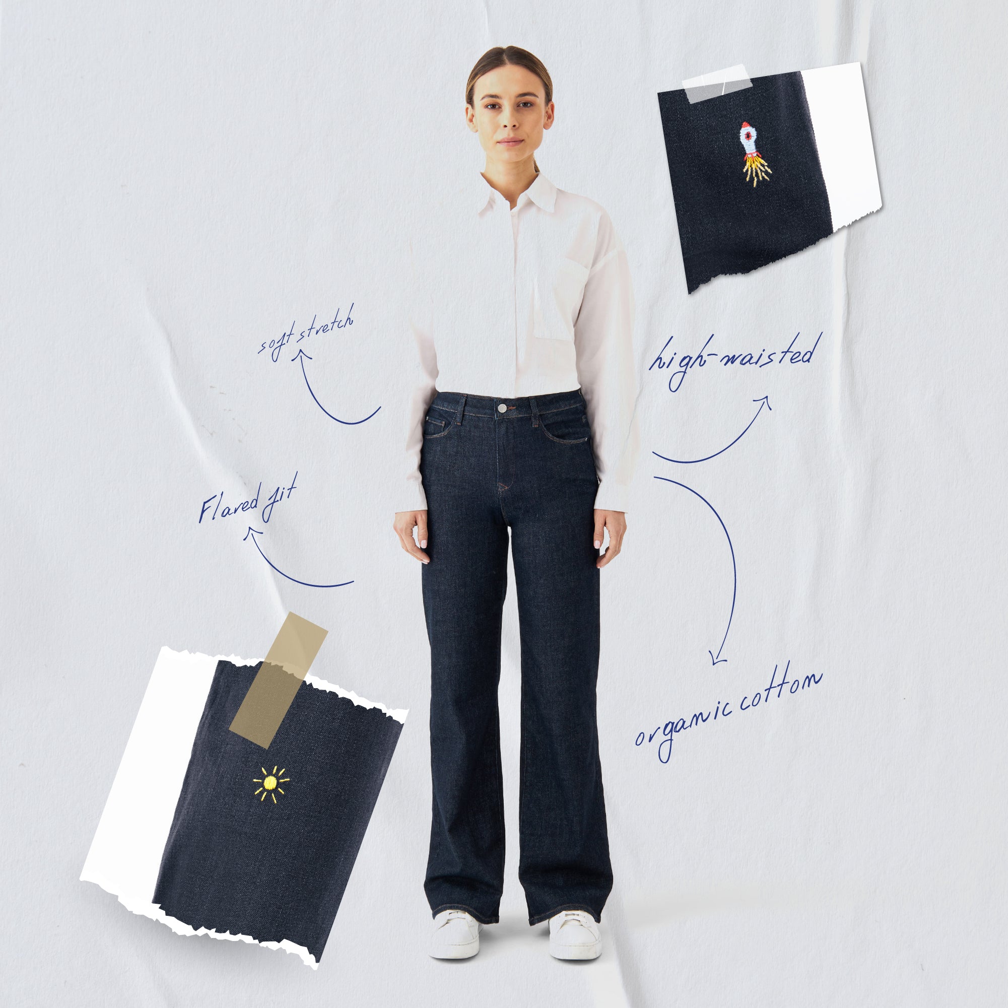 Limitierte DEW Classic Flared Jeans: Raw Blue, hoher Bund, weiter werdendes Bein, Organic Soft Denim; Model mit weißem Hemd.