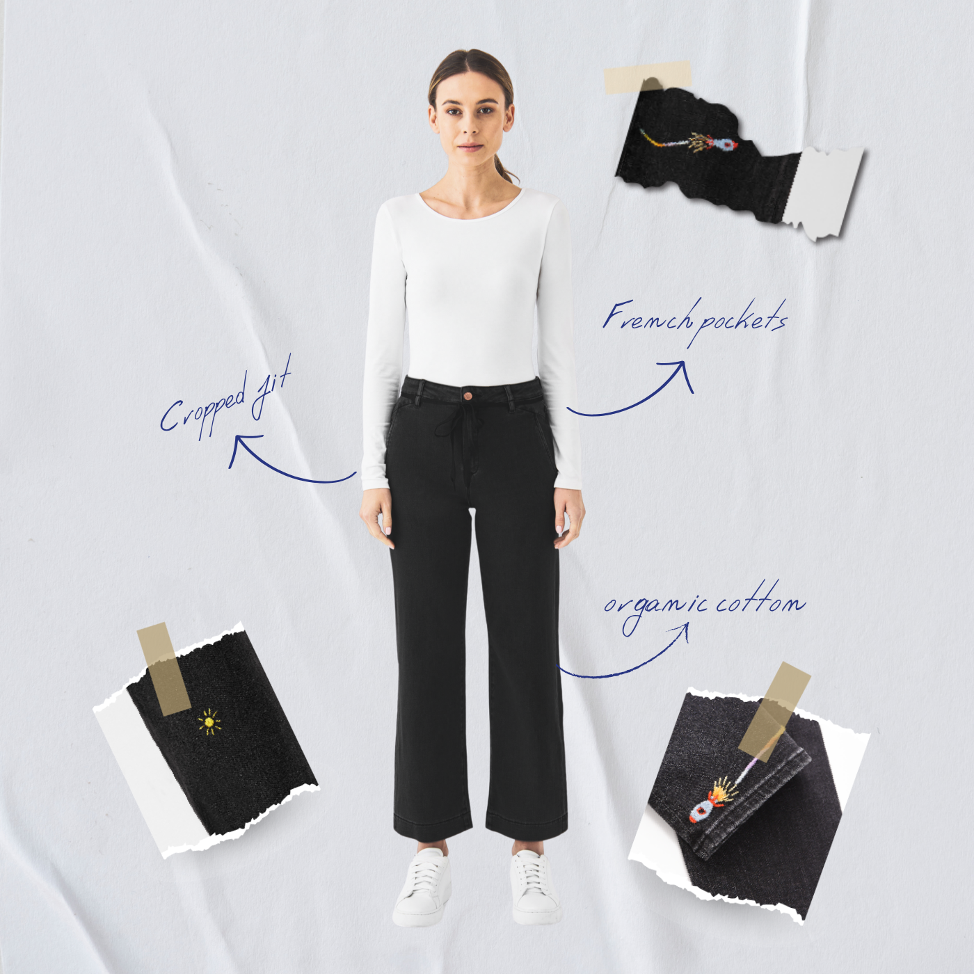 Limitierte DEW Cropped Flare in Schwarz: hoher Bund, Cropped Bein, French Pocket; Unikat aus Art on Broken Pieces.