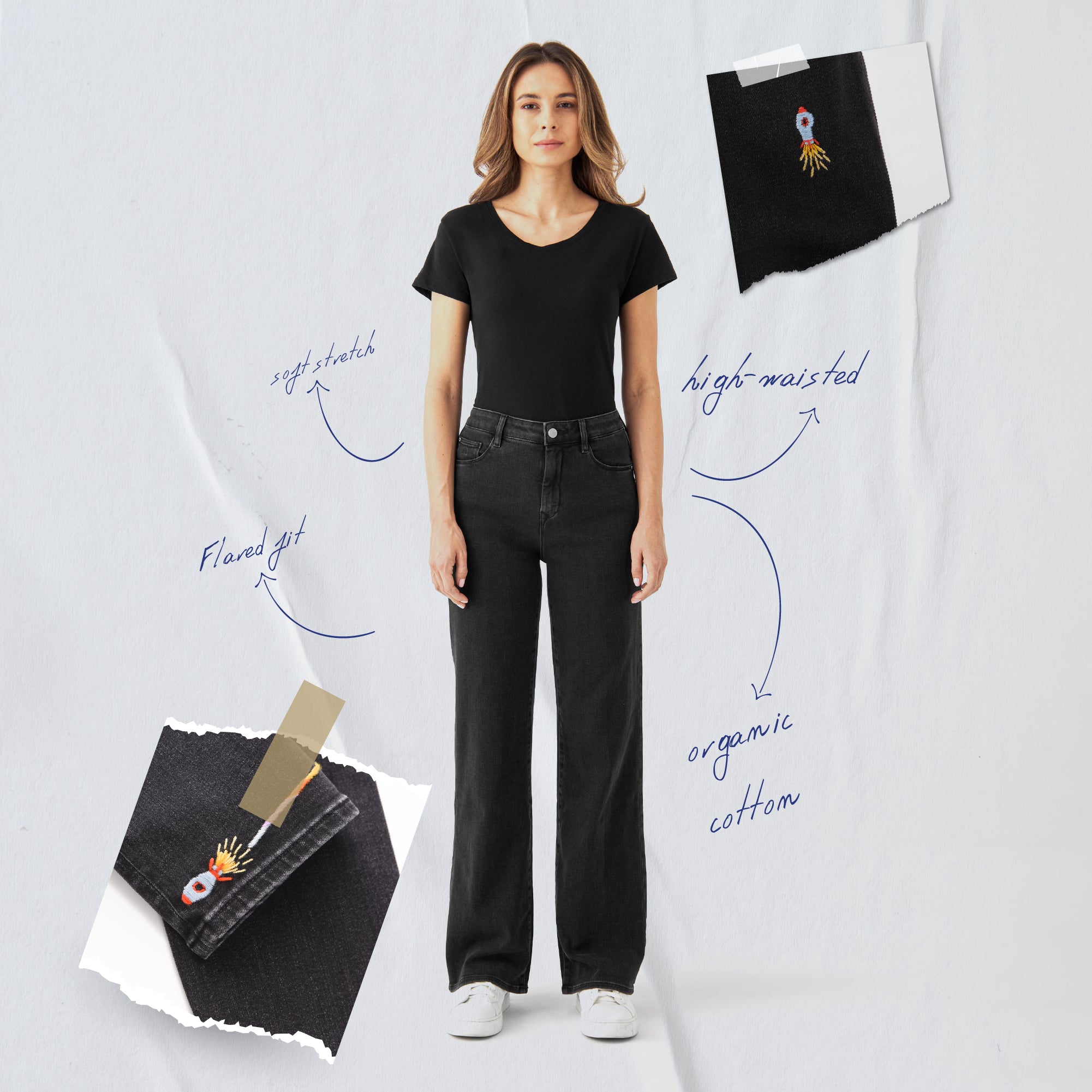 Modell trägt DEW Classic Flared Soft Denim in Schwarz: hohe Taille, ausgestelltes Bein, klassisches Five-Pocket-Design aus Organic Soft Denim.