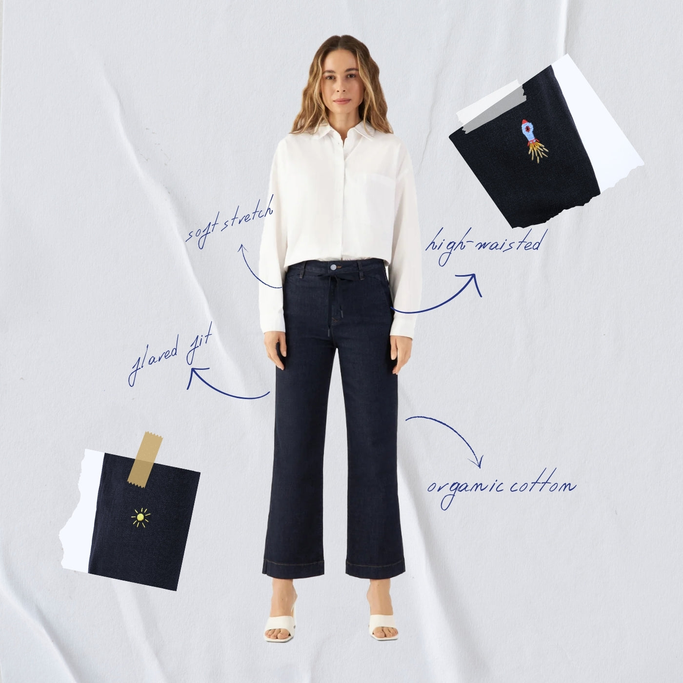 DEW Cropped Flared Soft Denim in Raw Blue mit französischen Taschen; High-Waist, organische Baumwolle – Model trägt dazu ein weißes Hemd.