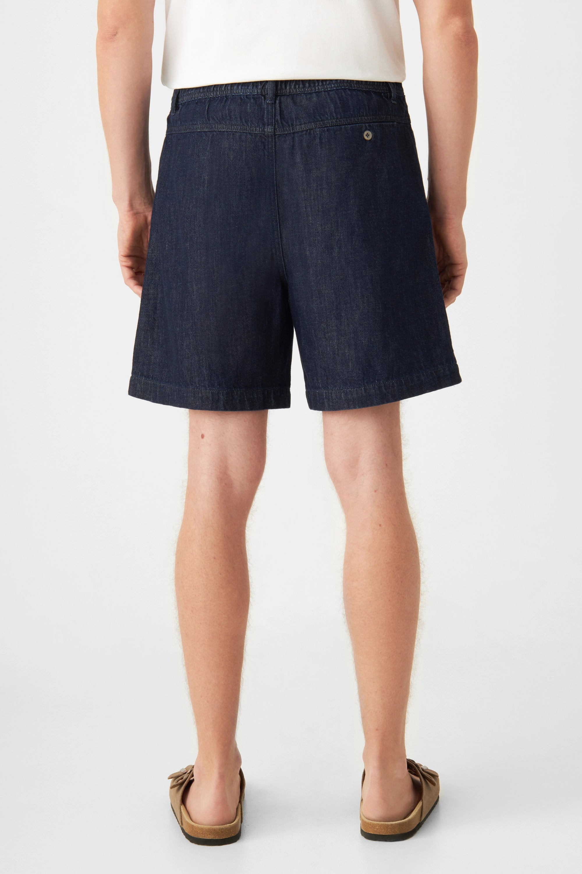 Rückenansicht einer Person in dunkelblauen SHORTY Shorts (Raw Blue) mit mittlerer Taille, weiterem Schnitt und Knopfverschluss an der Gesäßtasche.