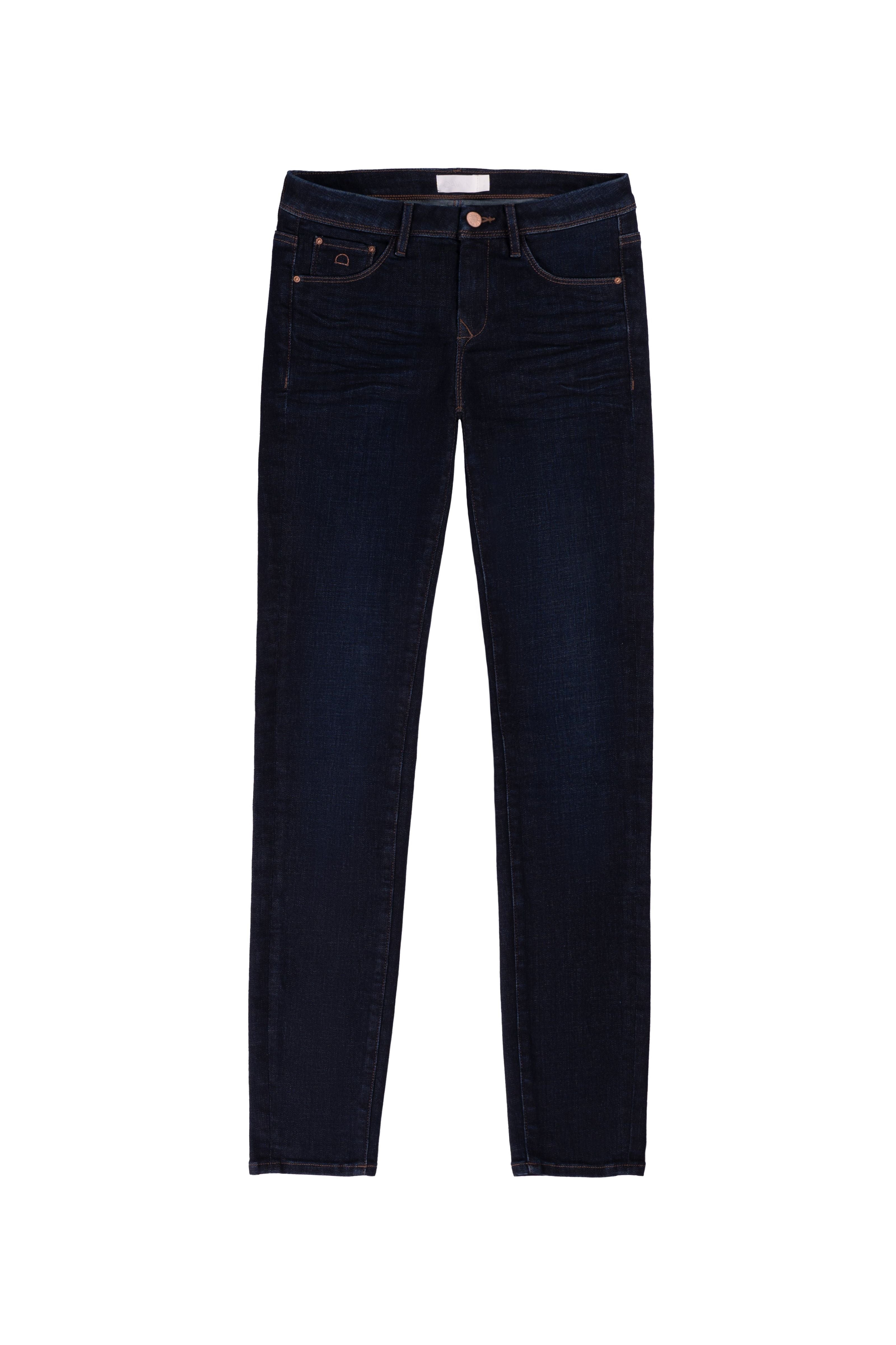 Dunkelblaue Slim-Fit Jeans mit 5-Pocket-Design von DAWN Denim, Frontansicht; sitzt bequem auf der Hüfte, Organic Comfortstretch.