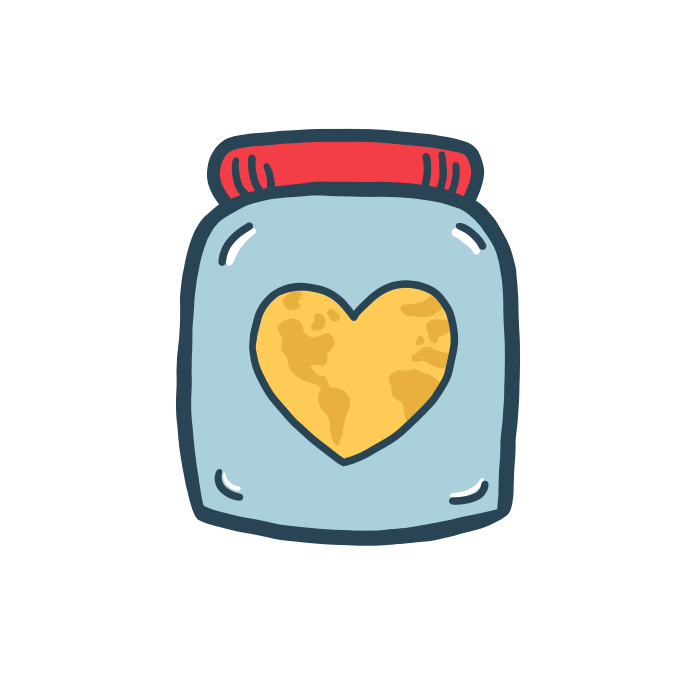 Illustration eines blauen Trinkgeldspenders mit rotem Deckel und gelbem Herz auf der Vorderseite – Symbol für tip me.