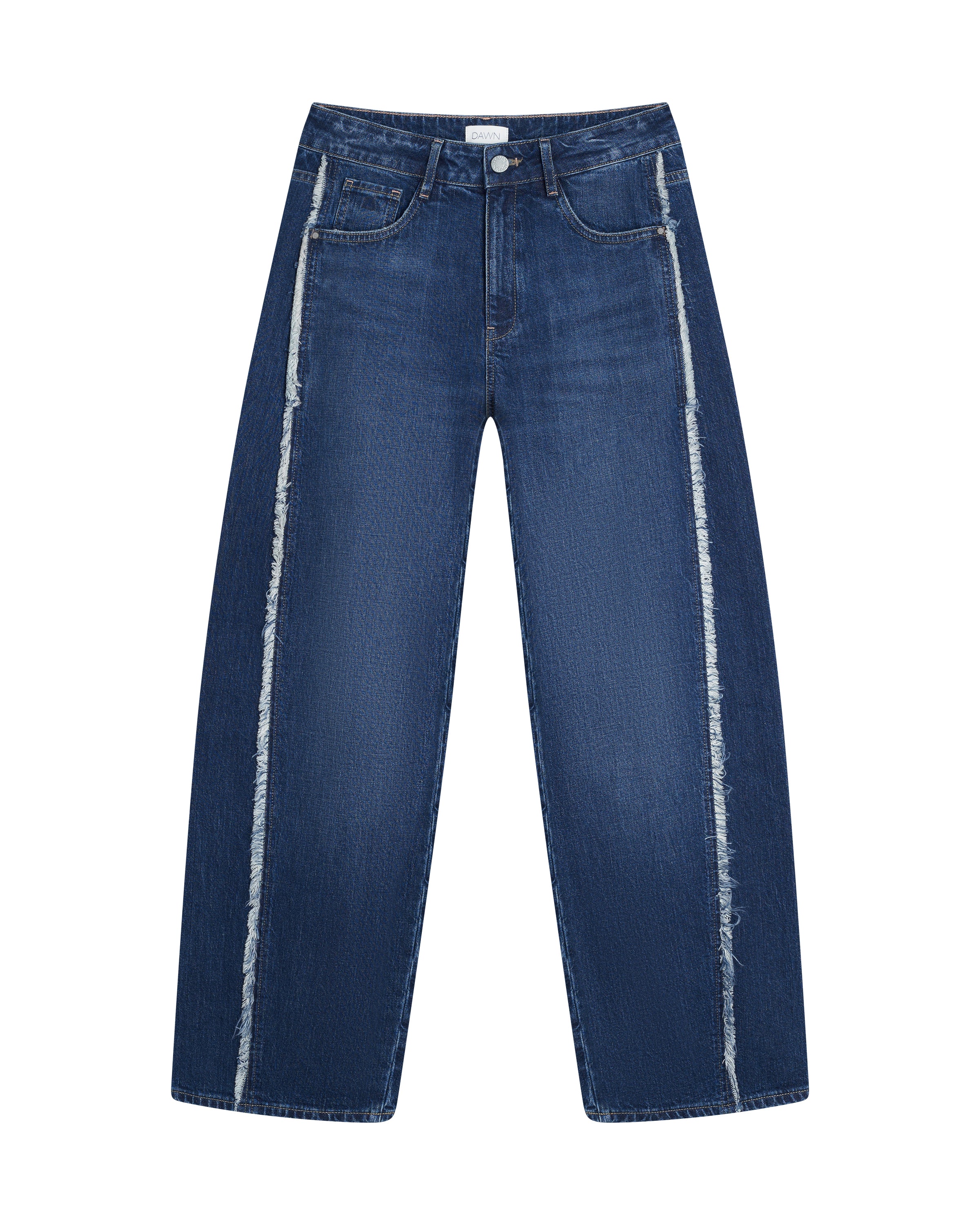 Dunkelblaue ASH Barrel-Leg Jeans, mittlere Taille, 5-Pocket-Stil, offene, ausgefranste Seitennähte – modernes Denim mit leichtem Stretch.