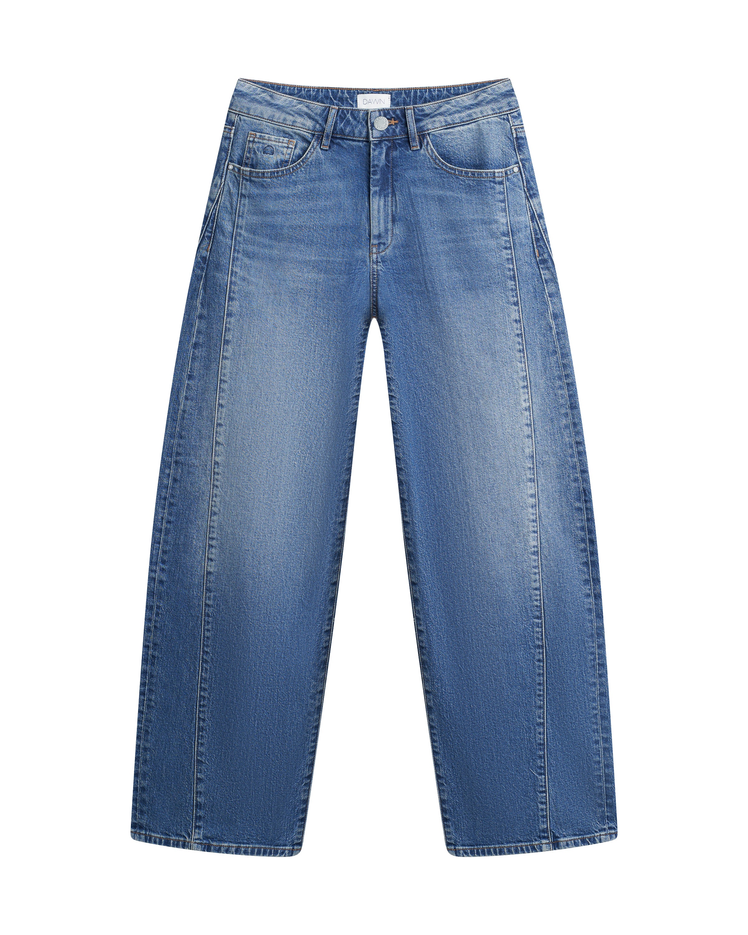 ASH Barrel-Leg Minimal Stretch Jeans Vintage Blue, 5-Pocket, mittlere Taille, weite Oberschenkel, zum Saum schmaler.