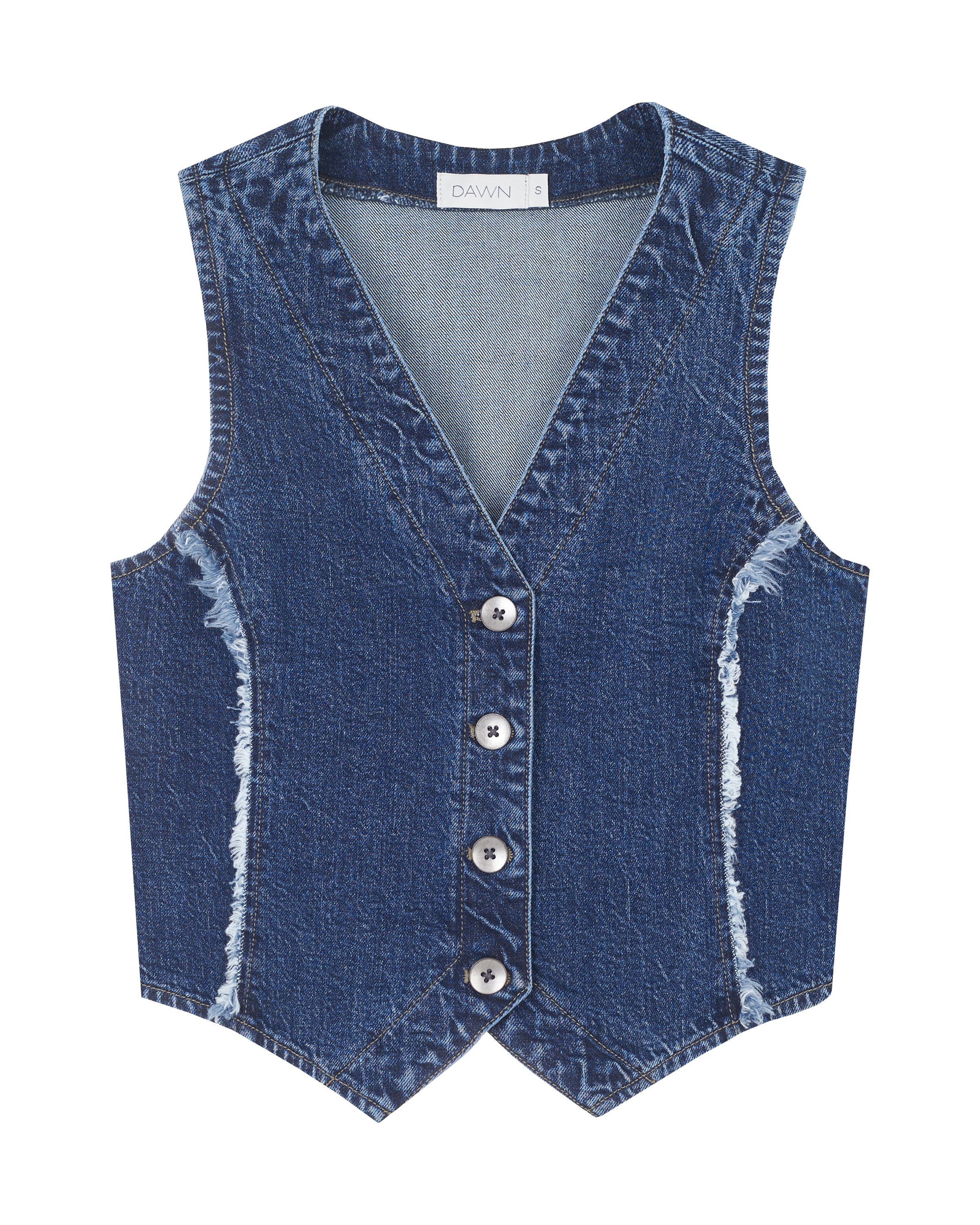 Taillierte dunkelblaue Denim-Weste mit V-Ausschnitt und Knopfleiste; fransige Seitennähte, Bio-Denim mit minimalem Stretch.
