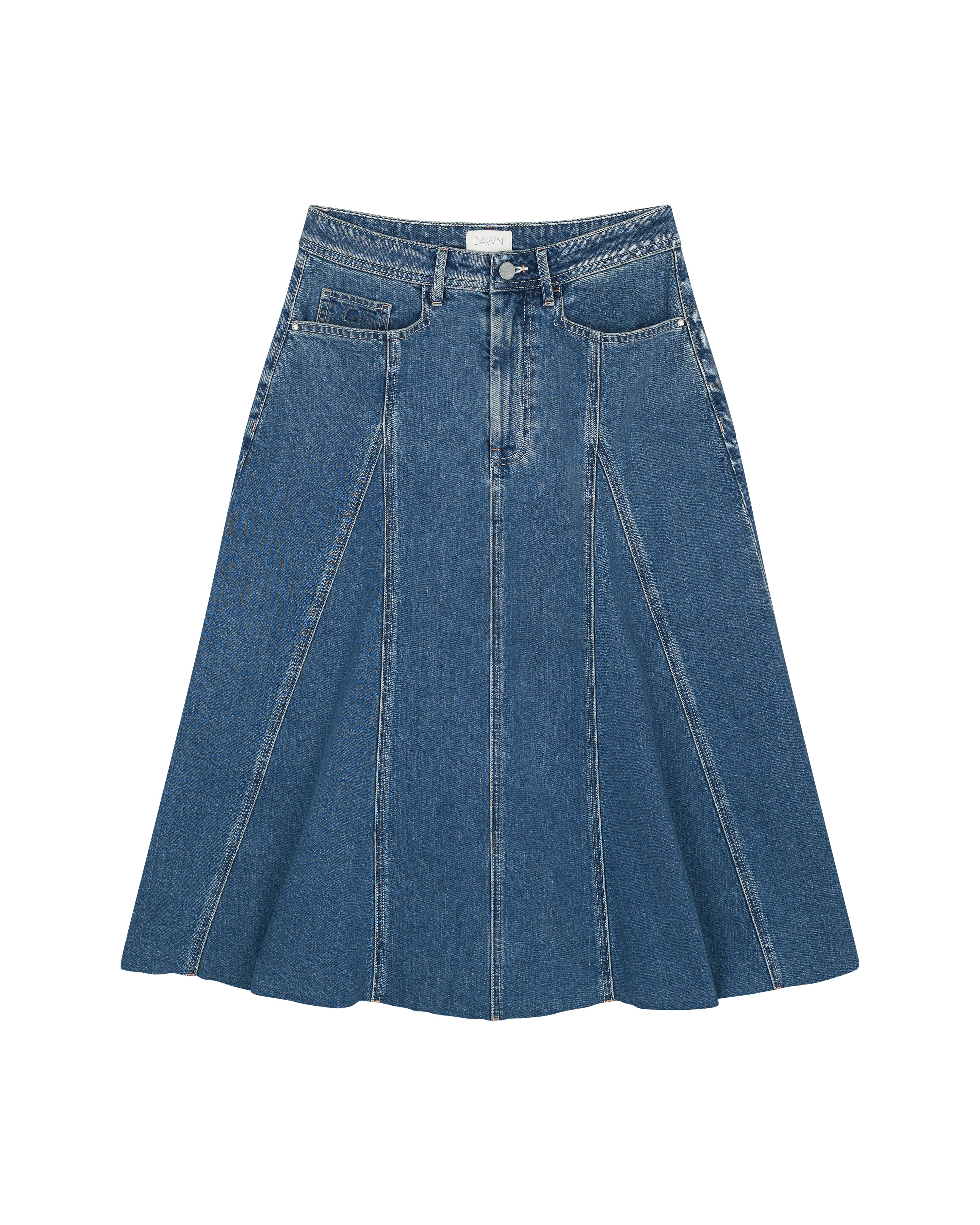 Vorderansicht des SOL Denim-Midirocks in Vintage Blue mit mittelhohem Bund und ausgestelltem Schnitt; sichtbare Fronttaschen, offener Saum.