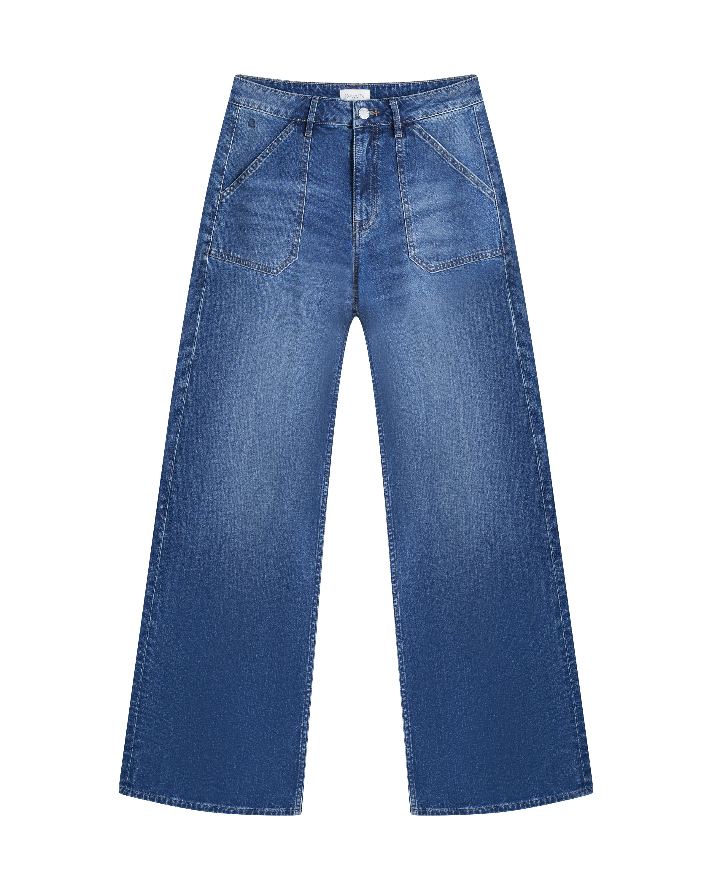 SUNNY Worker Jeans in Medium Blue mit mittelhohem Bund, weitem, geradem Bein und aufgesetzten Fronttaschen im Worker-Stil.