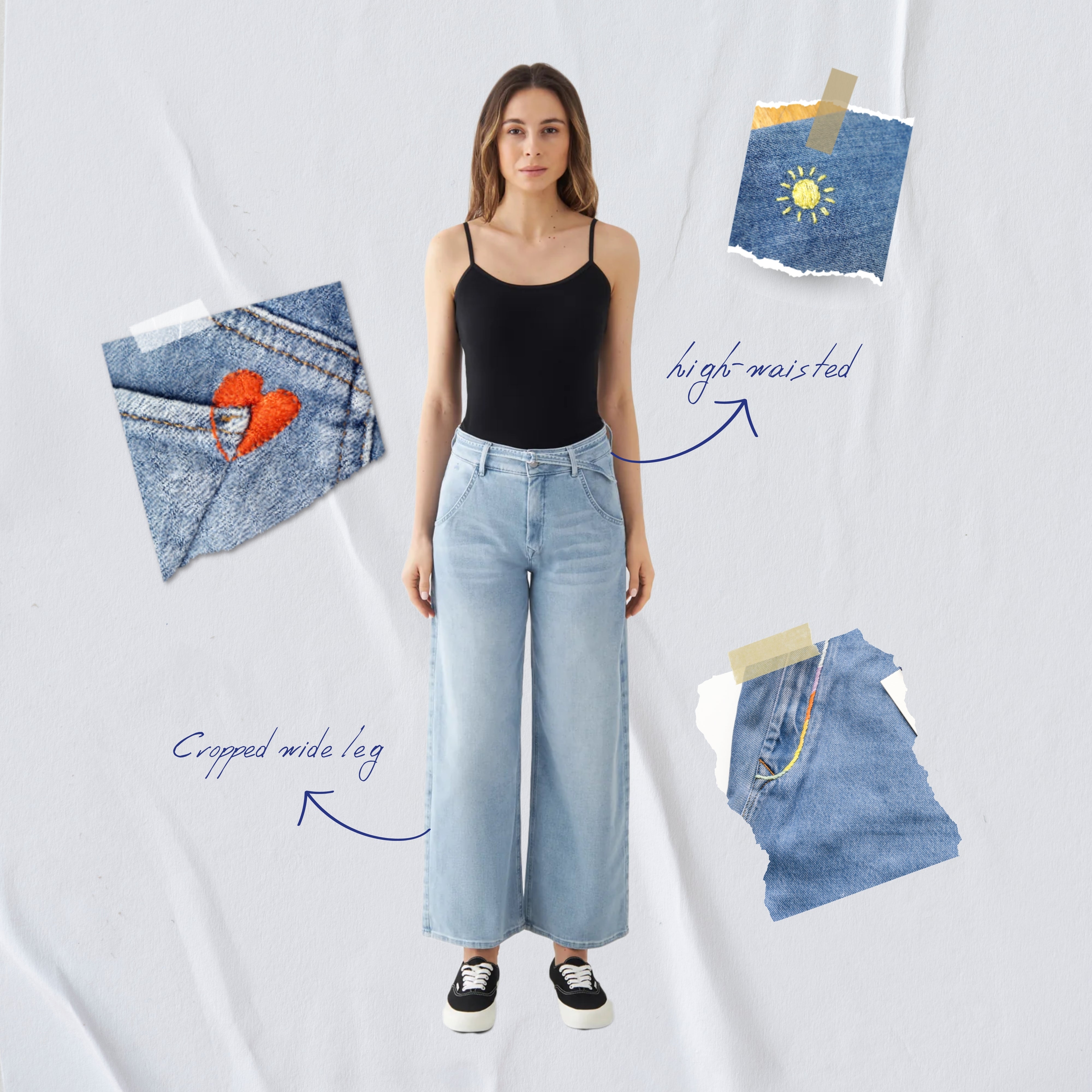 BLINK Culotte Jeans met hoge taille - Lichtblauw - Kunst op gebroken stukken