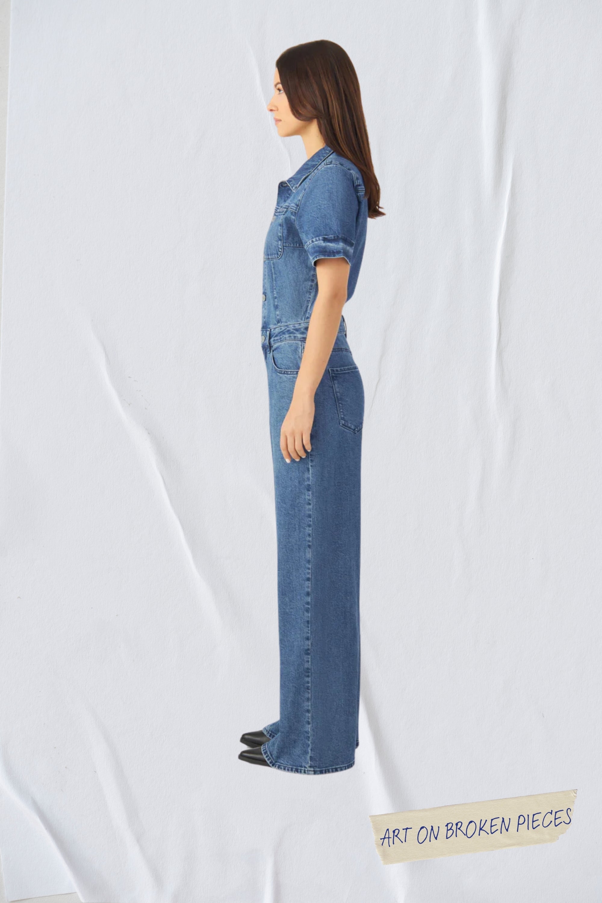TWITTER Minimal Stretch - Short Sleeve Overall - Medium Blue - Art on Broken Pieces
