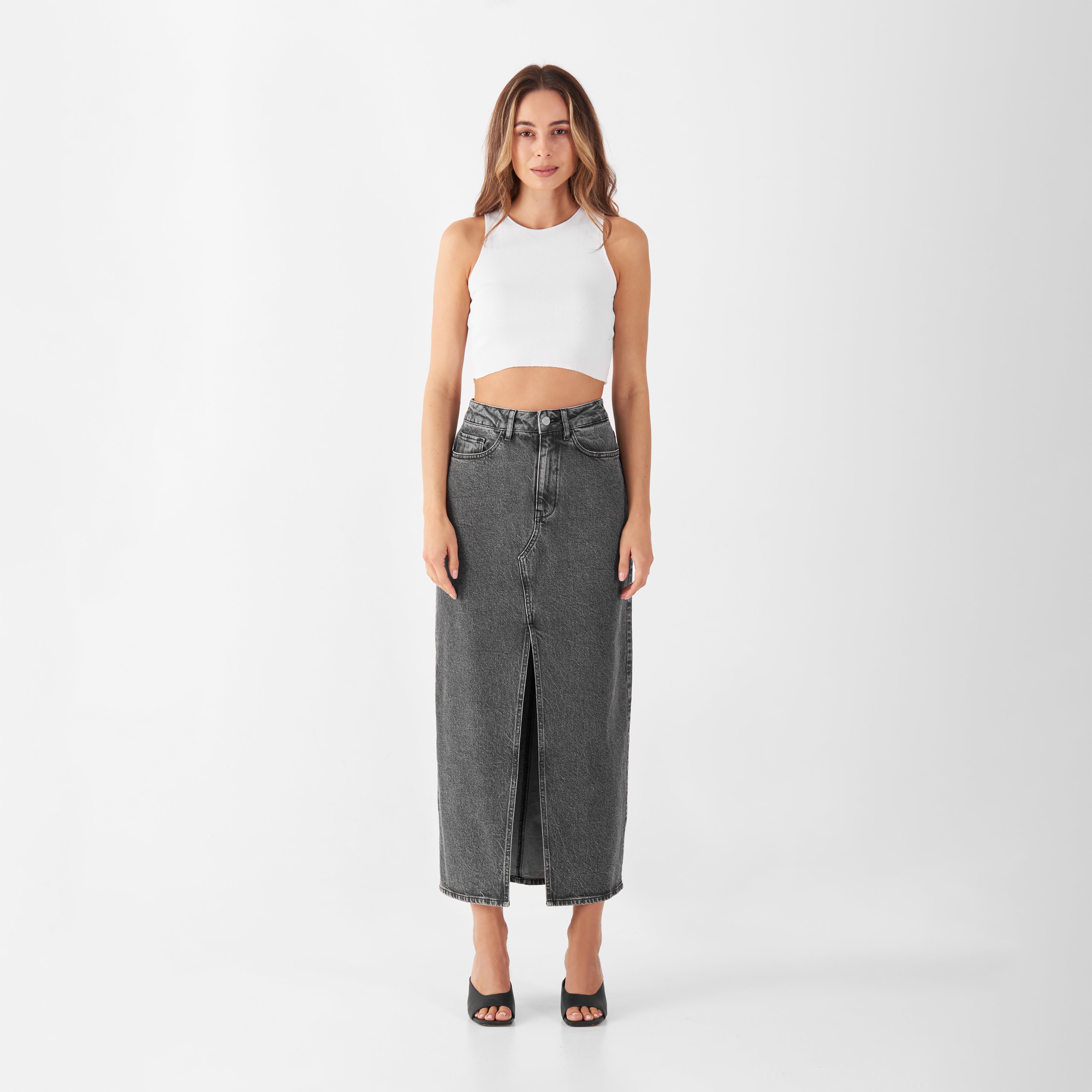 LUCE Midi Skirt - High Waist - Light Grey